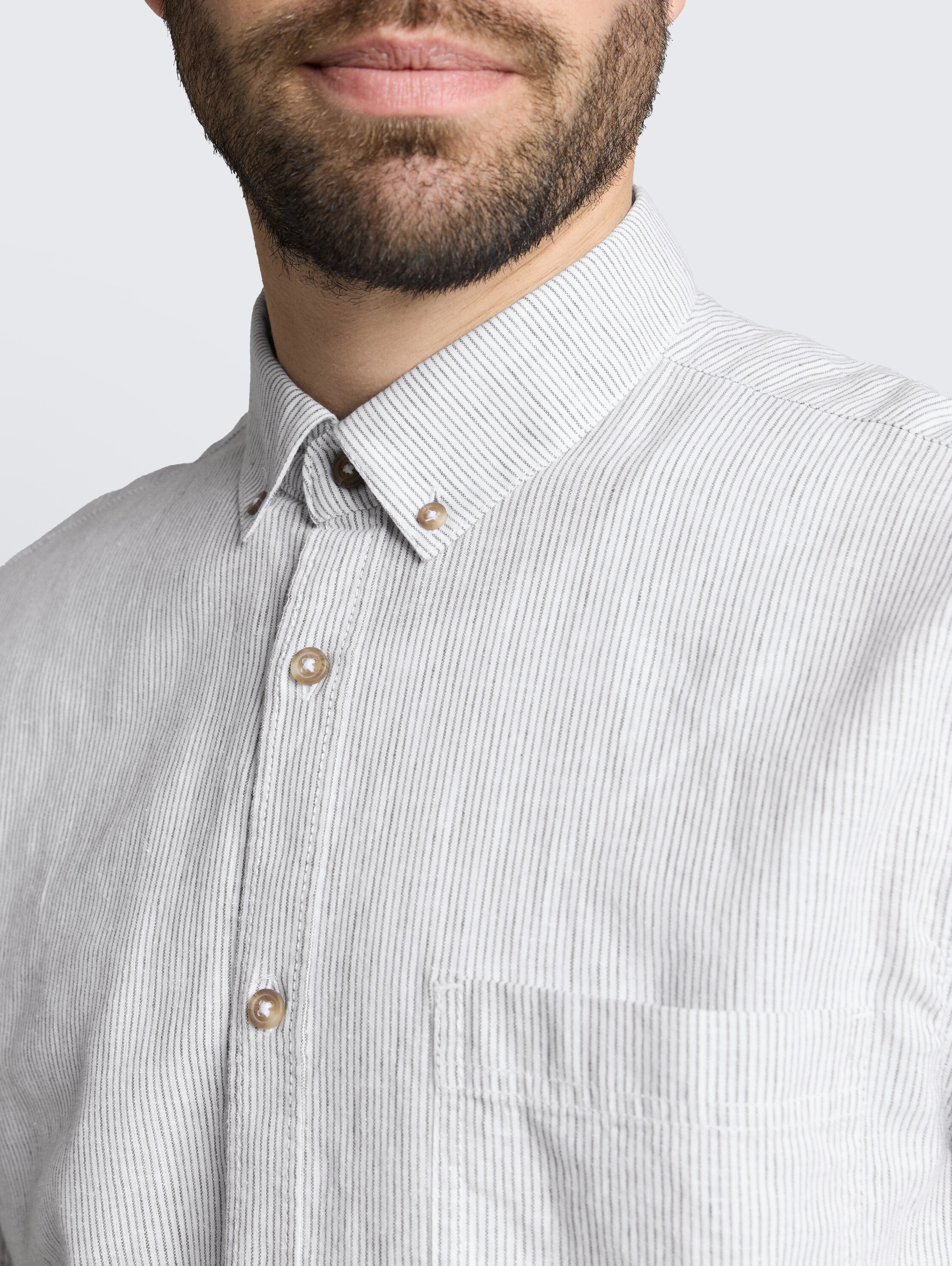 Regular Fit Kurzarmhemd mit Leinenanteil - white_leaf_green_small_stripe - 