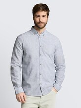 Overhemd met normale pasvorm en linnenmix - white navy small stripe - Nek model vooraanzicht