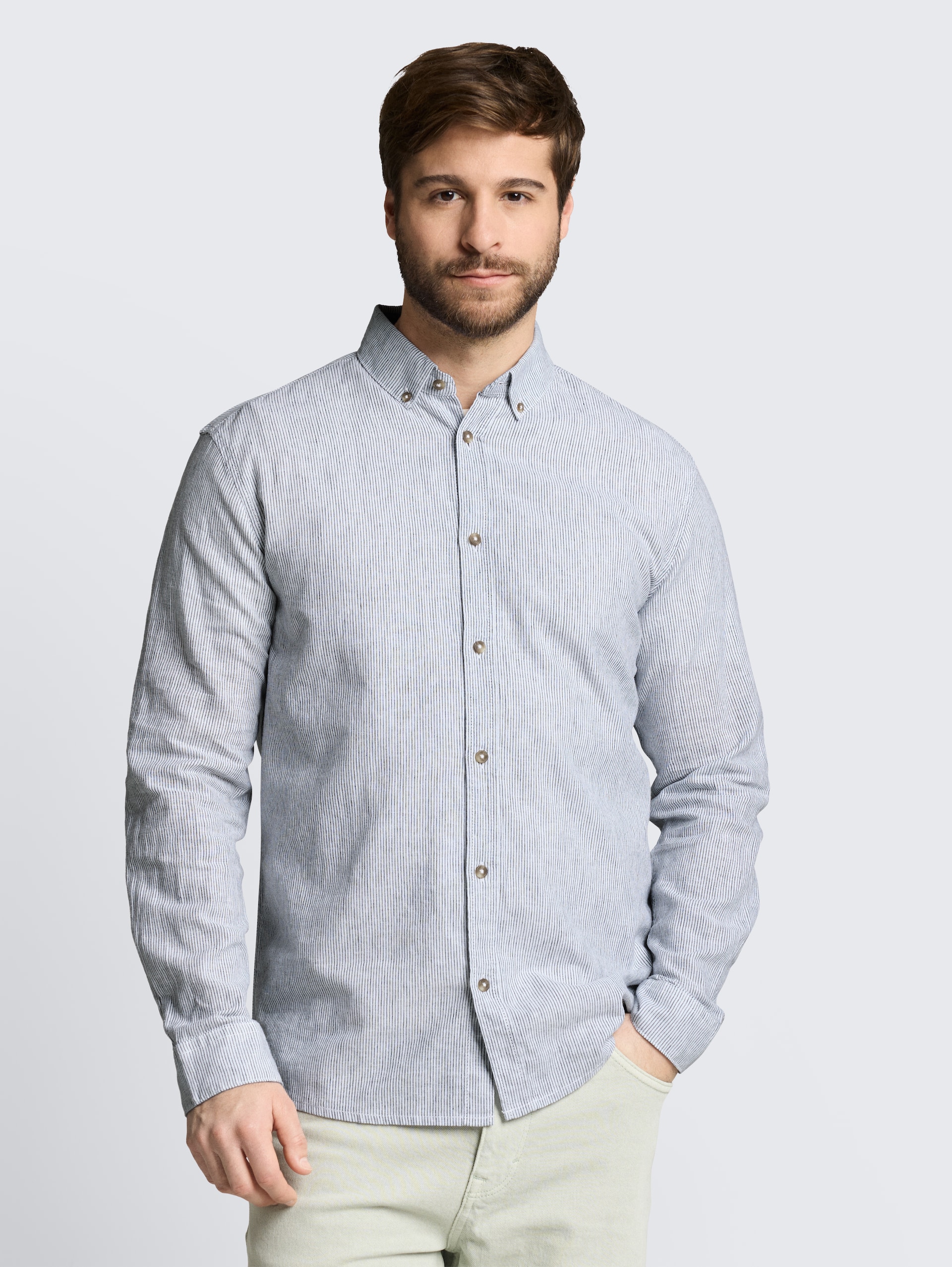 Regular fit overhemd met linnen - white navy small stripe - Nek model vooraanzicht