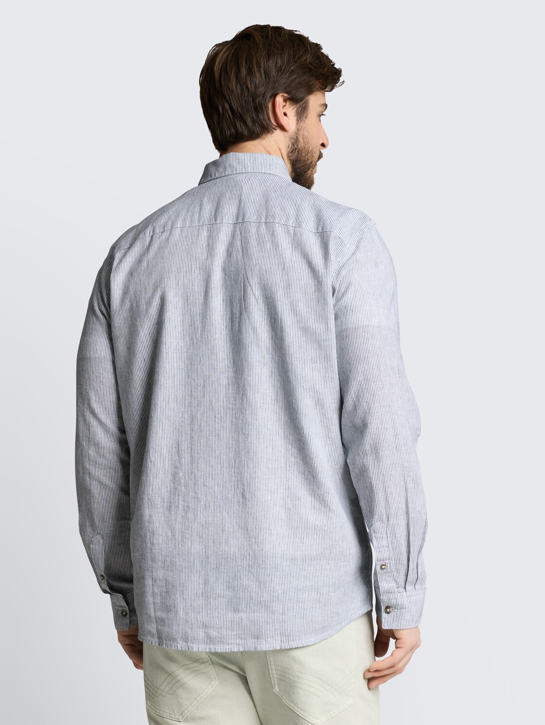 Regular fit overhemd met korte mouwen en linnen - white navy small stripe - Neklijn model-achteraanzicht