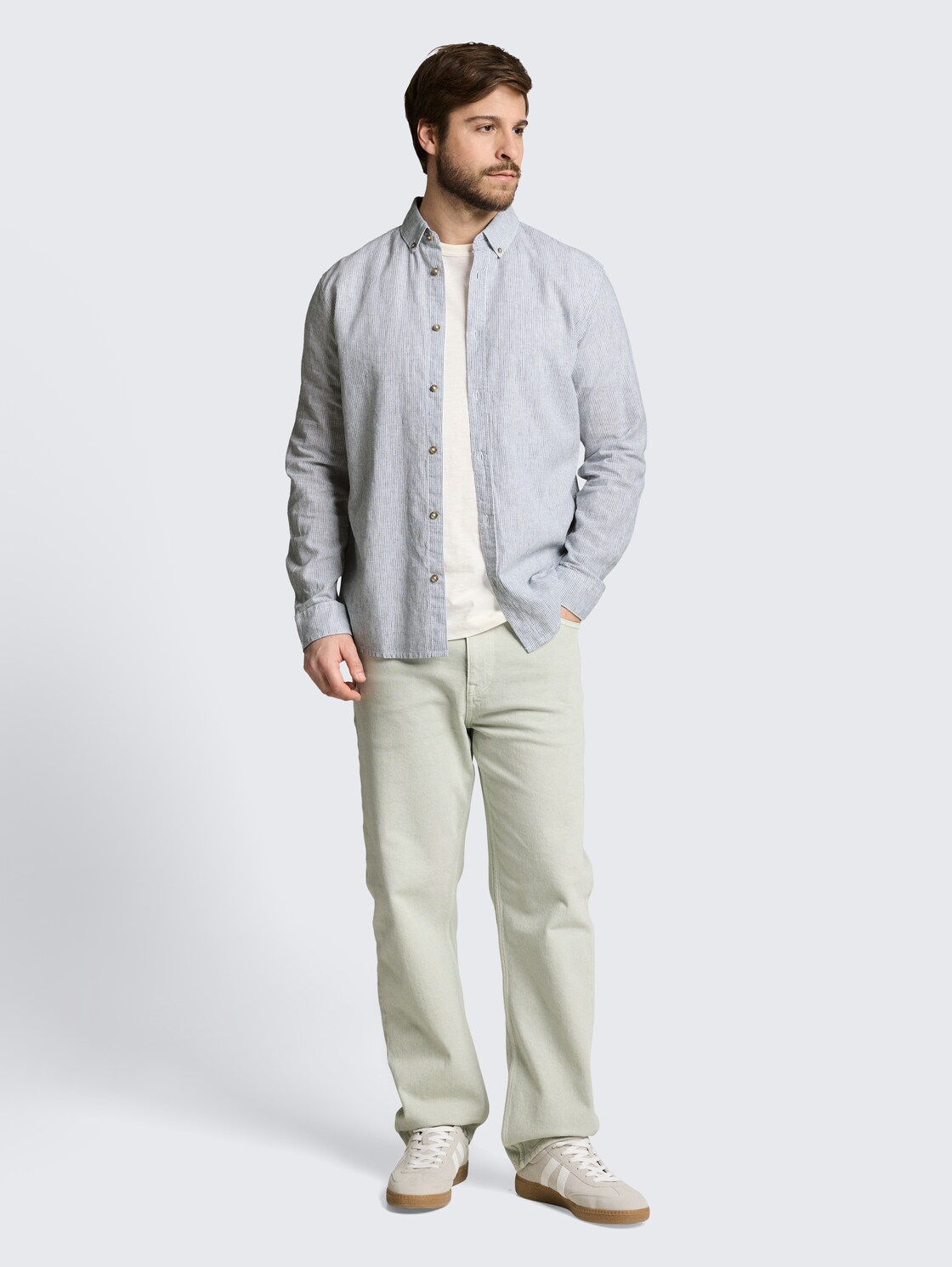 Regular fit overhemd met korte mouwen en linnen - white navy small stripe - Model vooraanzicht