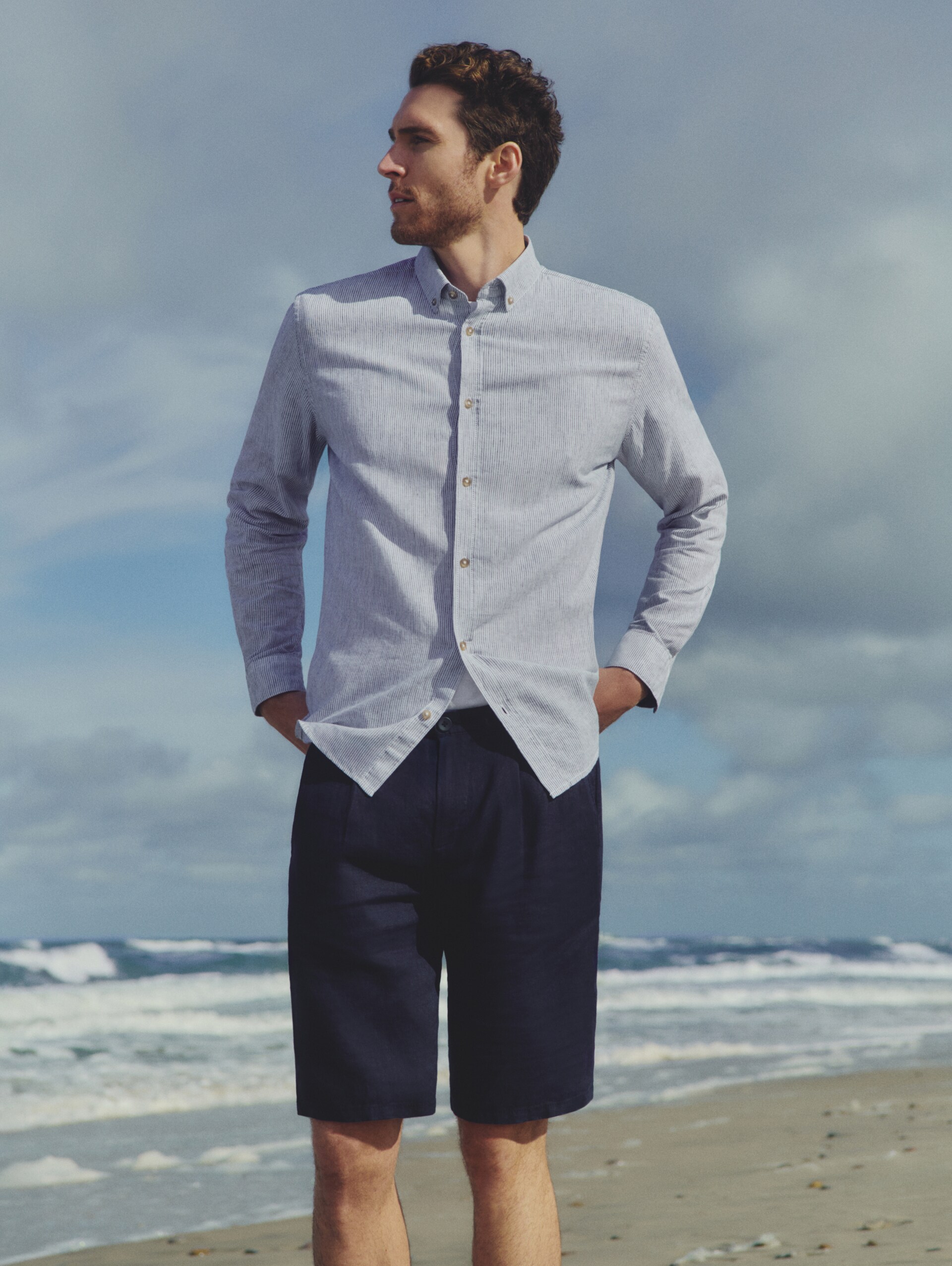 Regular fit overhemd met linnen - white navy small stripe