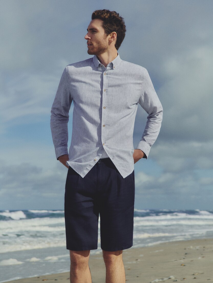 Regular Fit Hemd mit Leinenanteil von Men, white navy small stripe