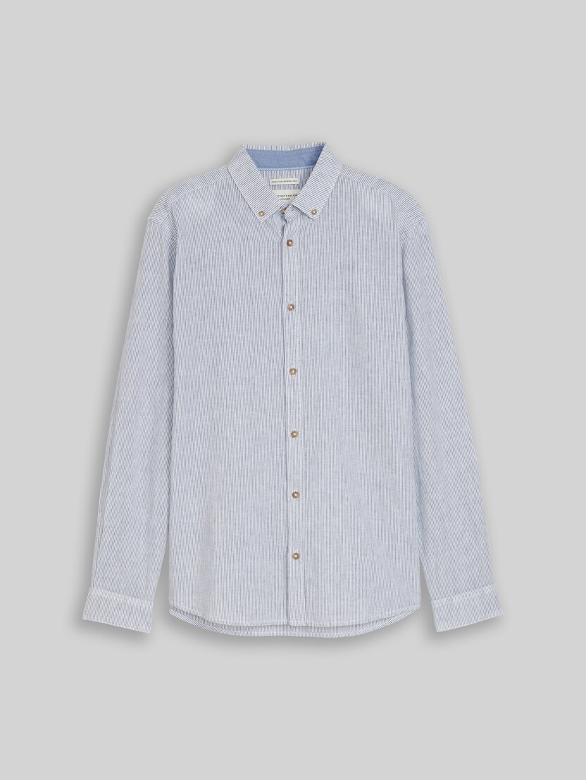 Regular fit shirt with linen blend by Men, white navy small stripe