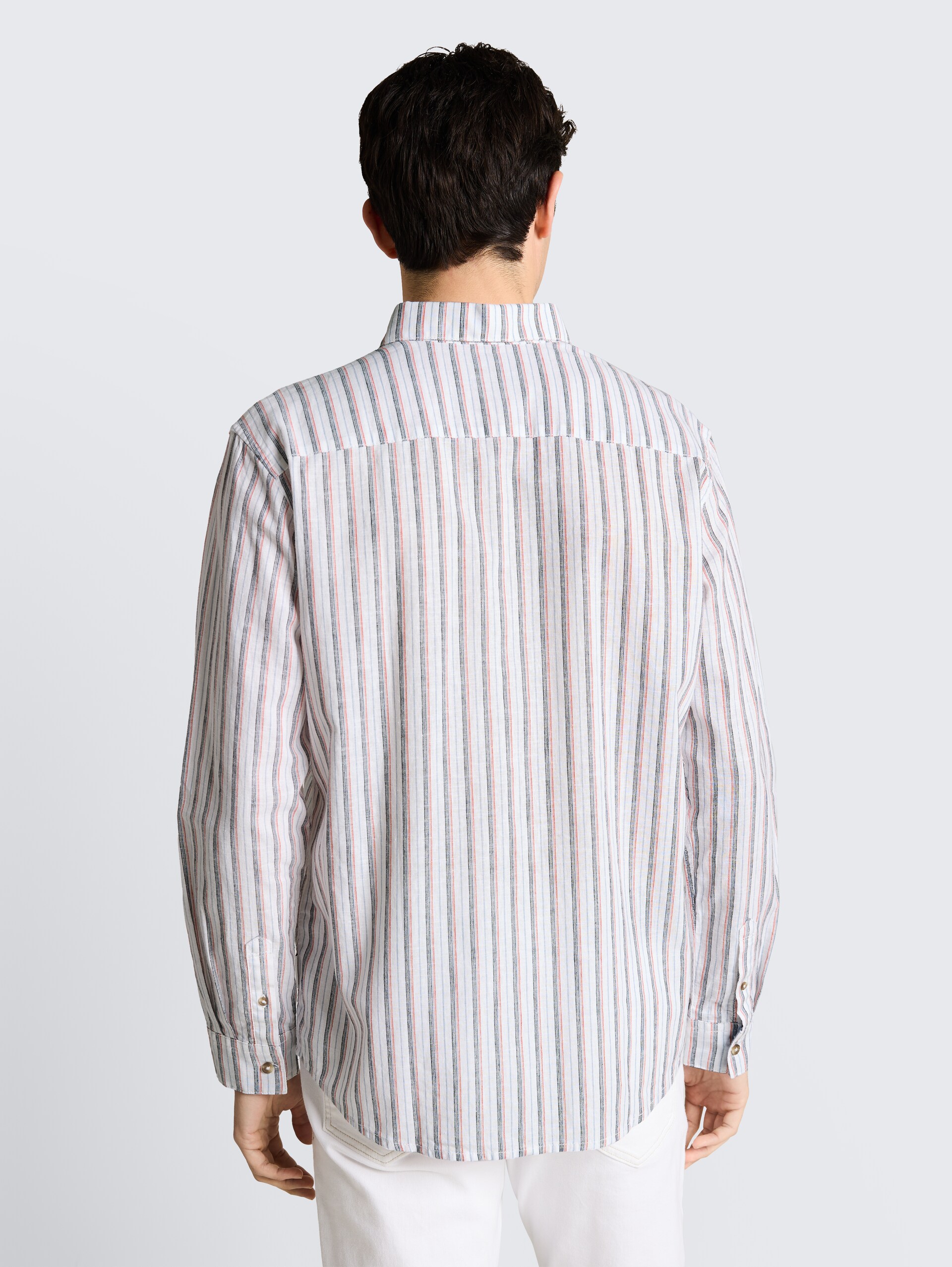 Regular fit overhemd met linnen - white multicolor stripe - Neklijn model-achteraanzicht