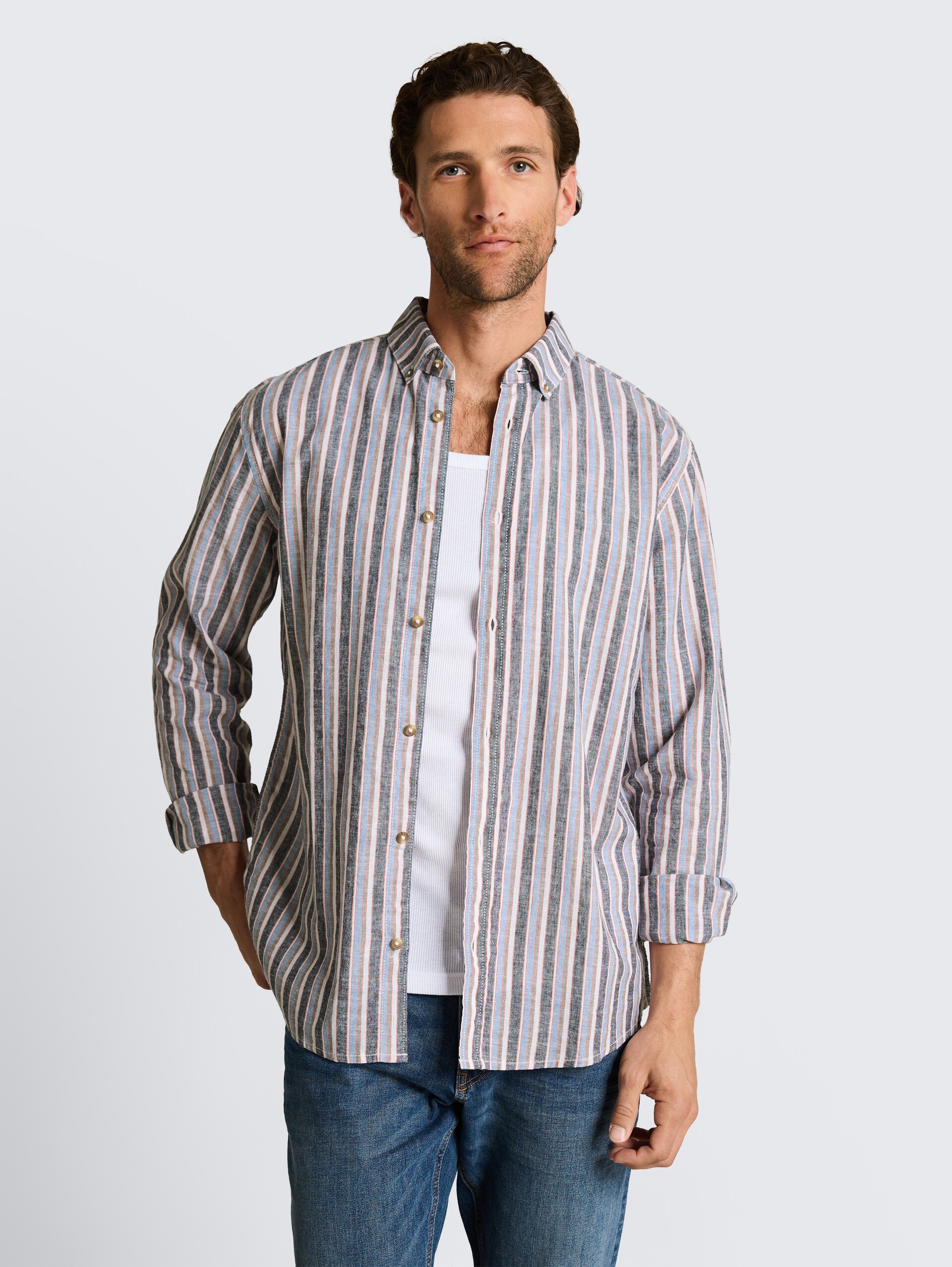Regular fit overhemd met linnen - blue multicolor stripe - Nek model vooraanzicht