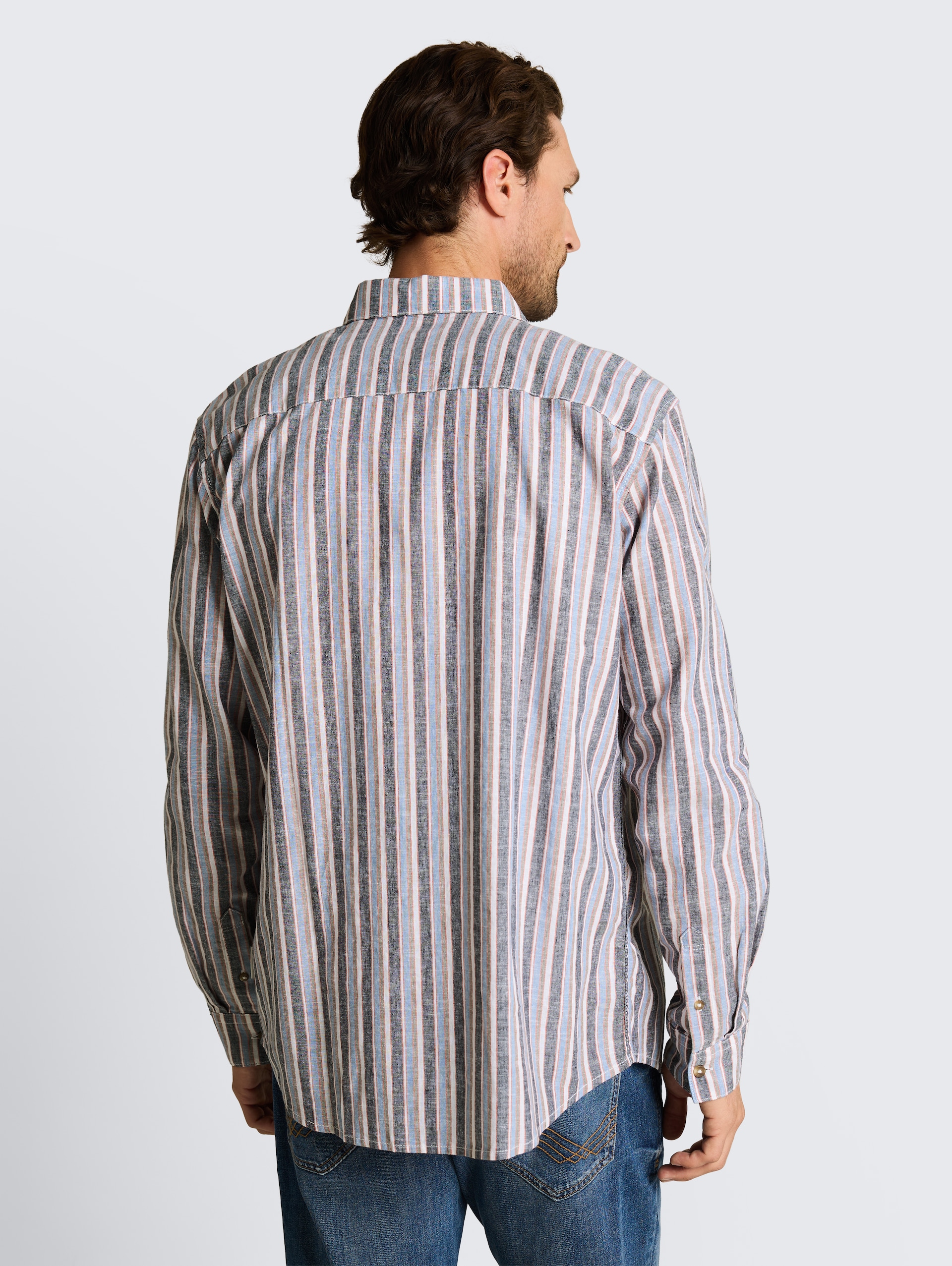 Regular fit overhemd met linnen - blue multicolor stripe - Neklijn model-achteraanzicht