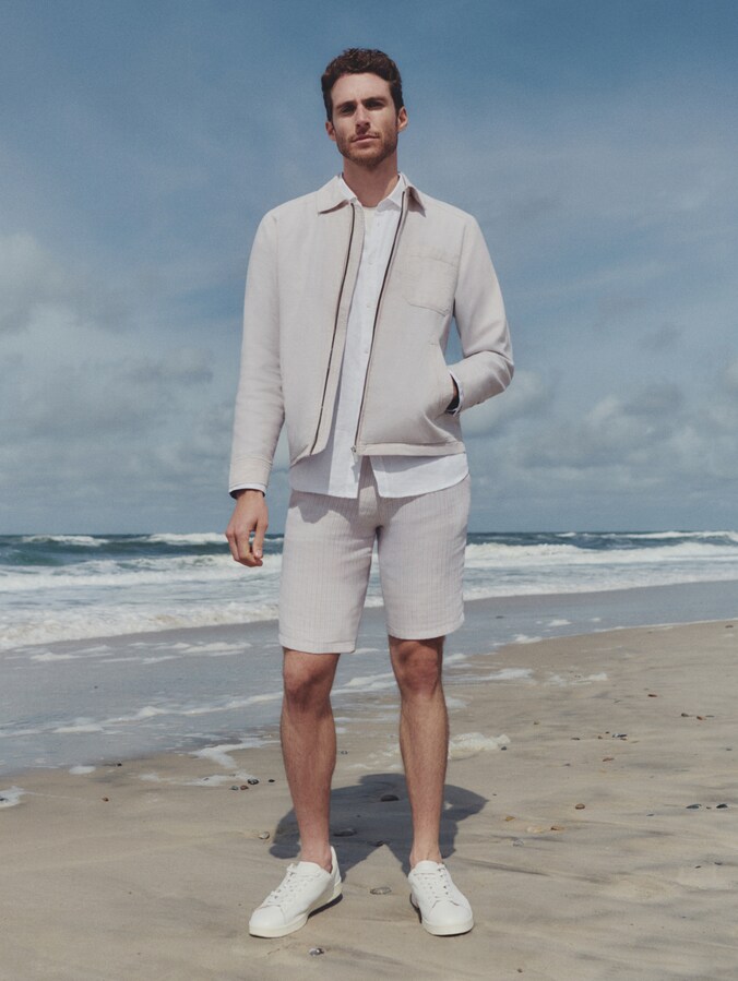 Chemise-veste avec partie en lin par Men, cashew beige chambray