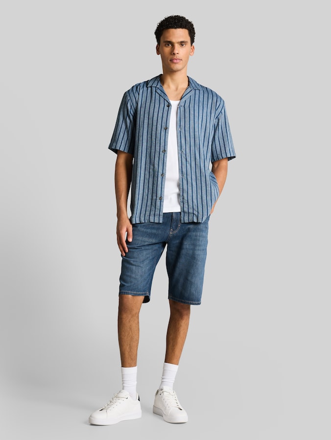 Relaxed Fit Resort Shirt with Linen Blend by Denim Male, nighttime blue stripe