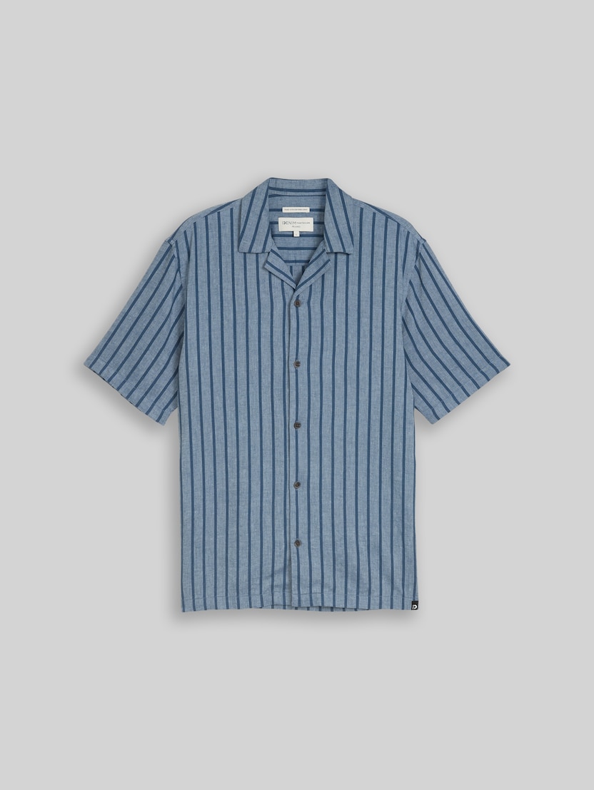 Relaxed Fit Resort Shirt with Linen Blend by Denim Male, nighttime blue stripe