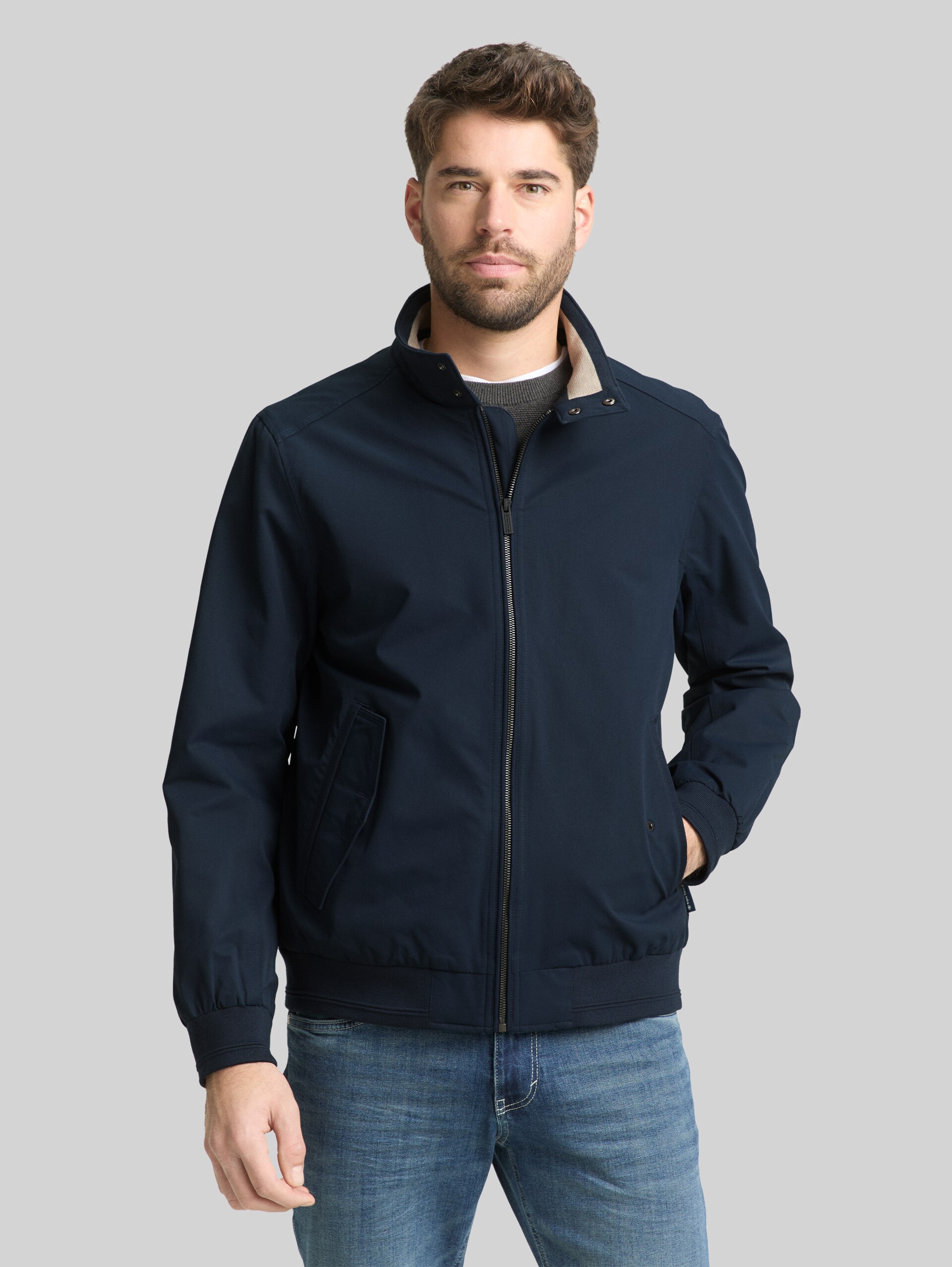 Harrington jacket made from water-repellent material - sky captain blue - Model front view