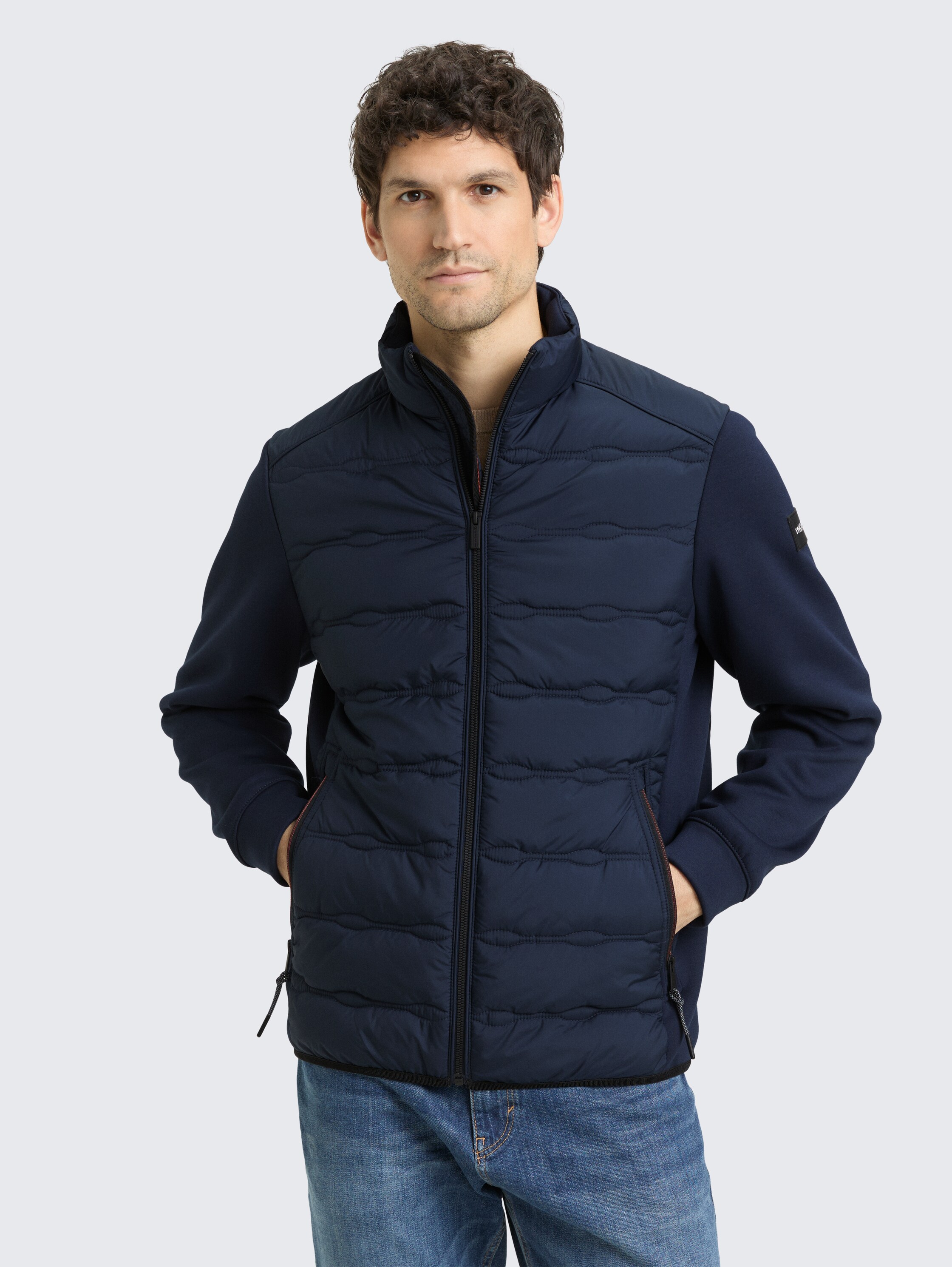 Lightweight hybrid jacket with stand-up collar - sky captain blue - Model front view