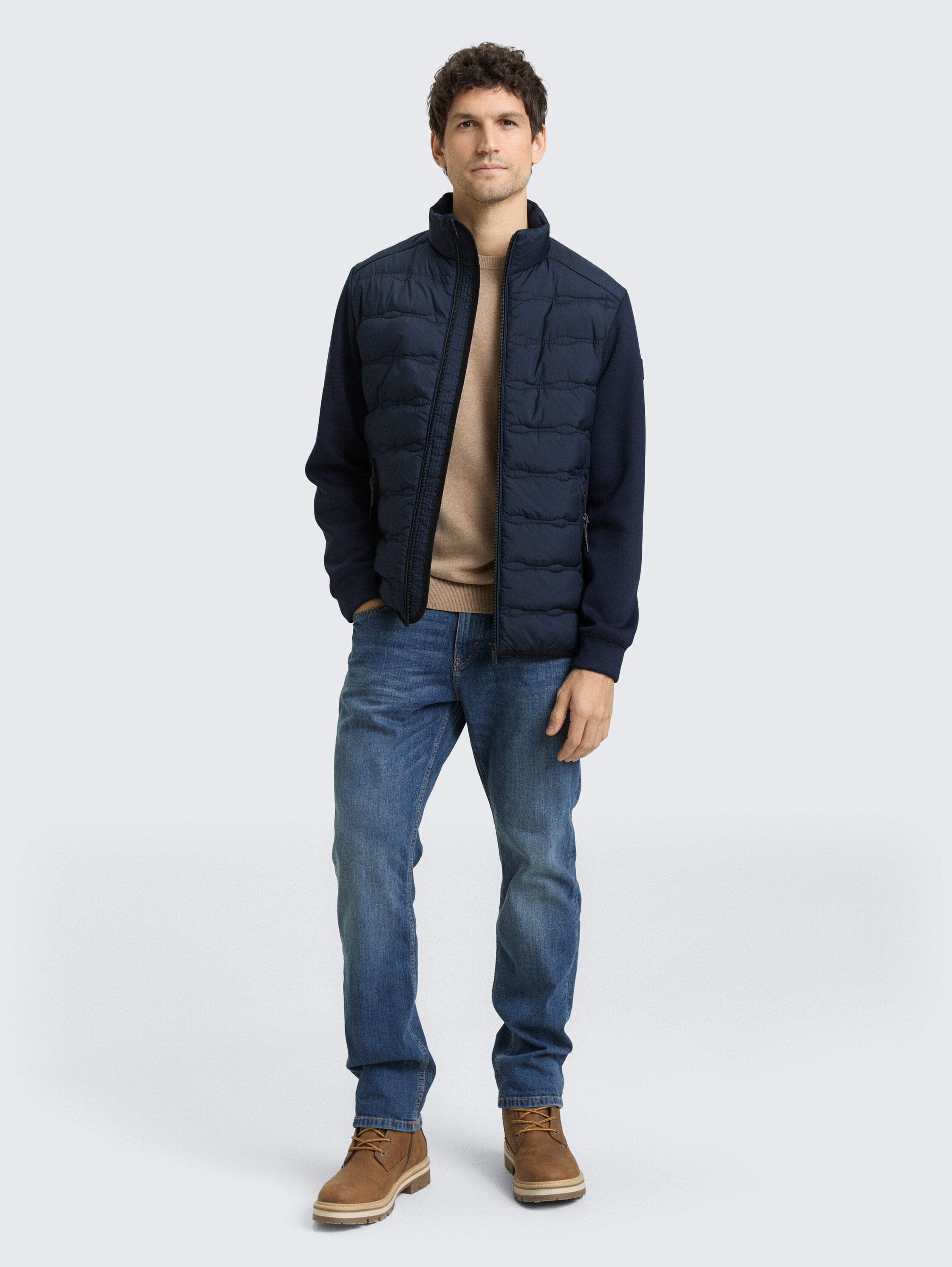 Lightweight hybrid jacket with stand-up collar - sky captain blue - side model view