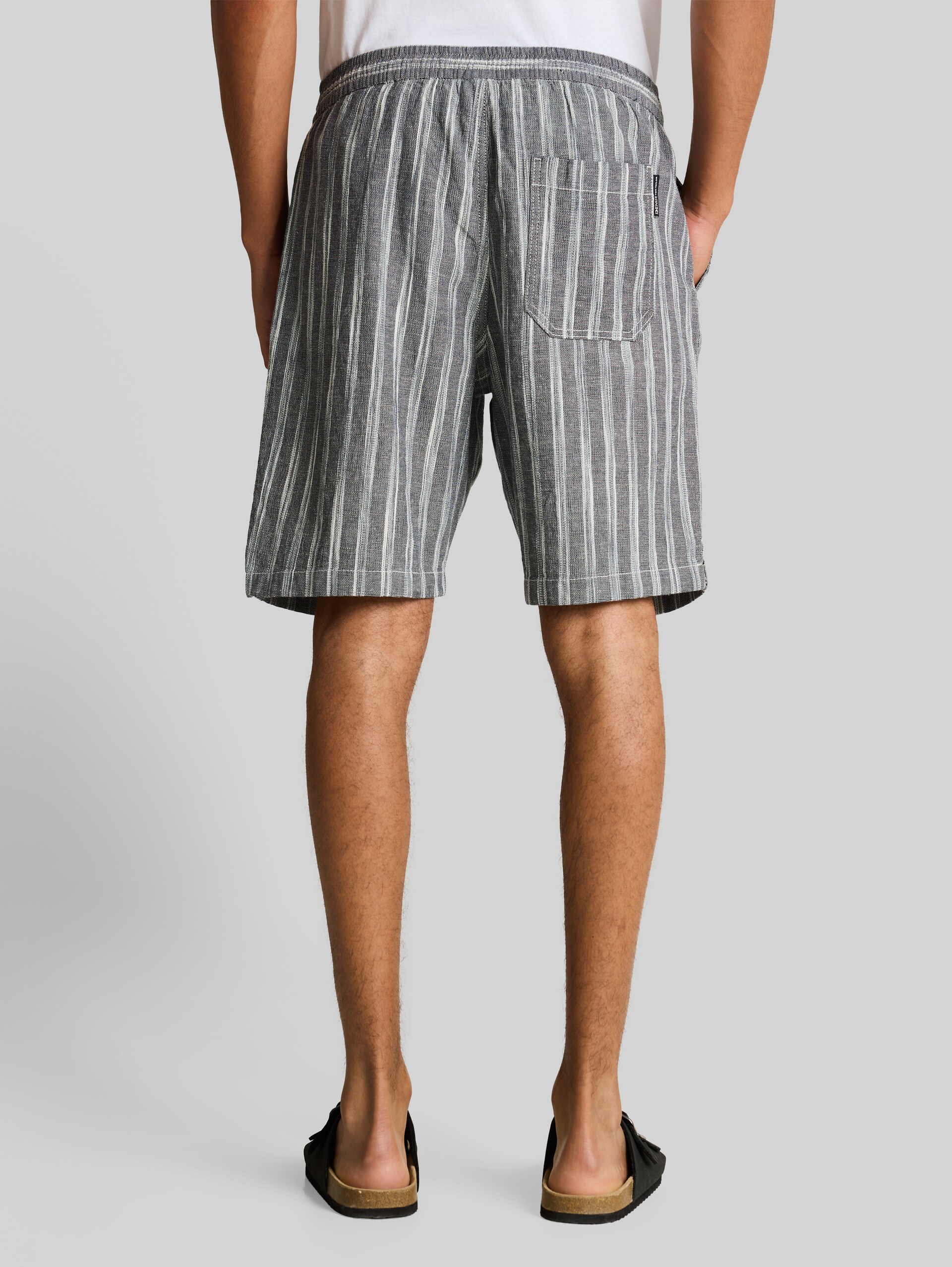 TTRELAXED shorts with linen blend - black greyish stripe - Neckline model-back view
