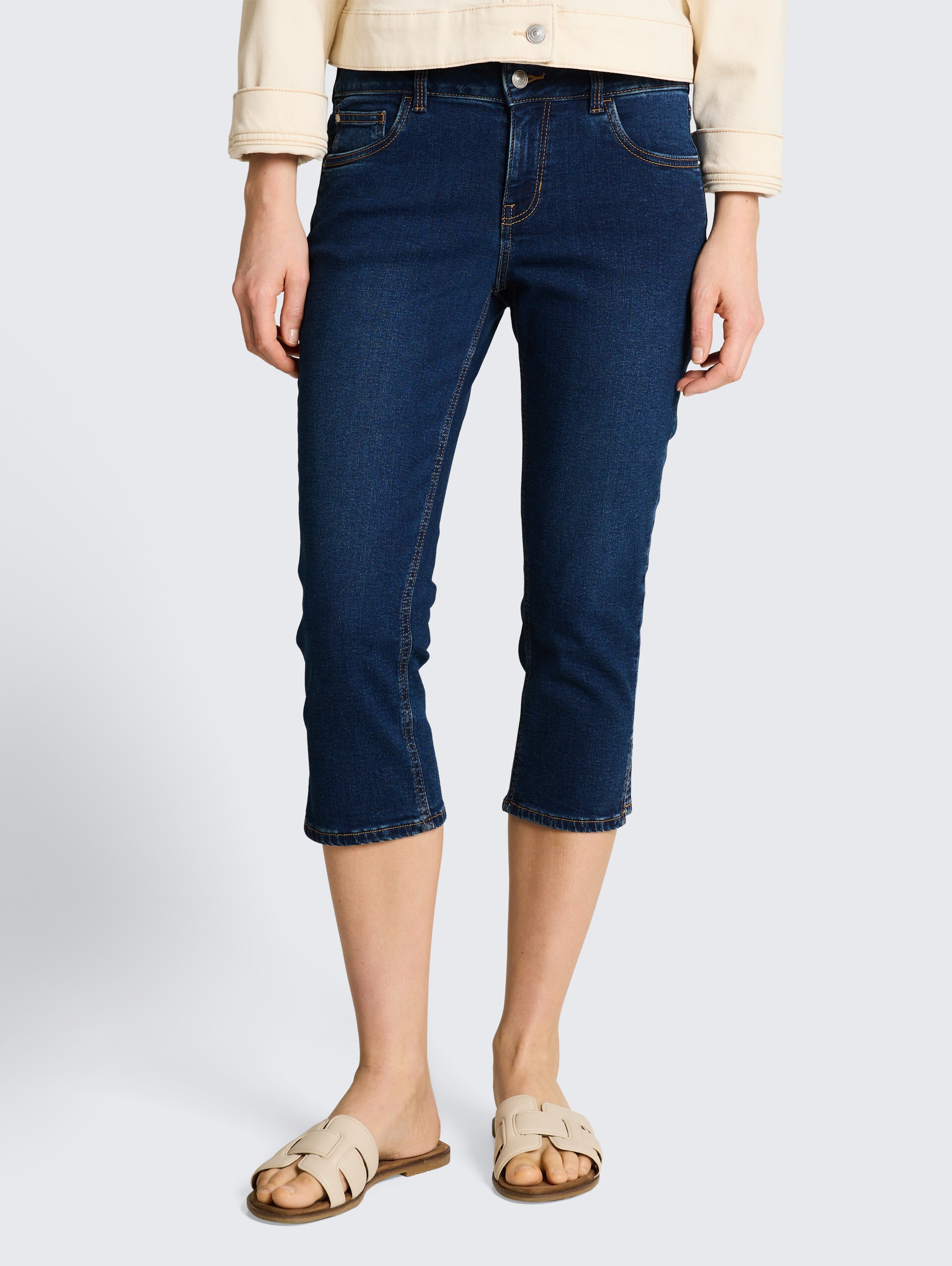 TTJONA SKINNY Capri Jeans - Used Dark Stone Blue Denim - Ausschnitt Model-Vorderansicht