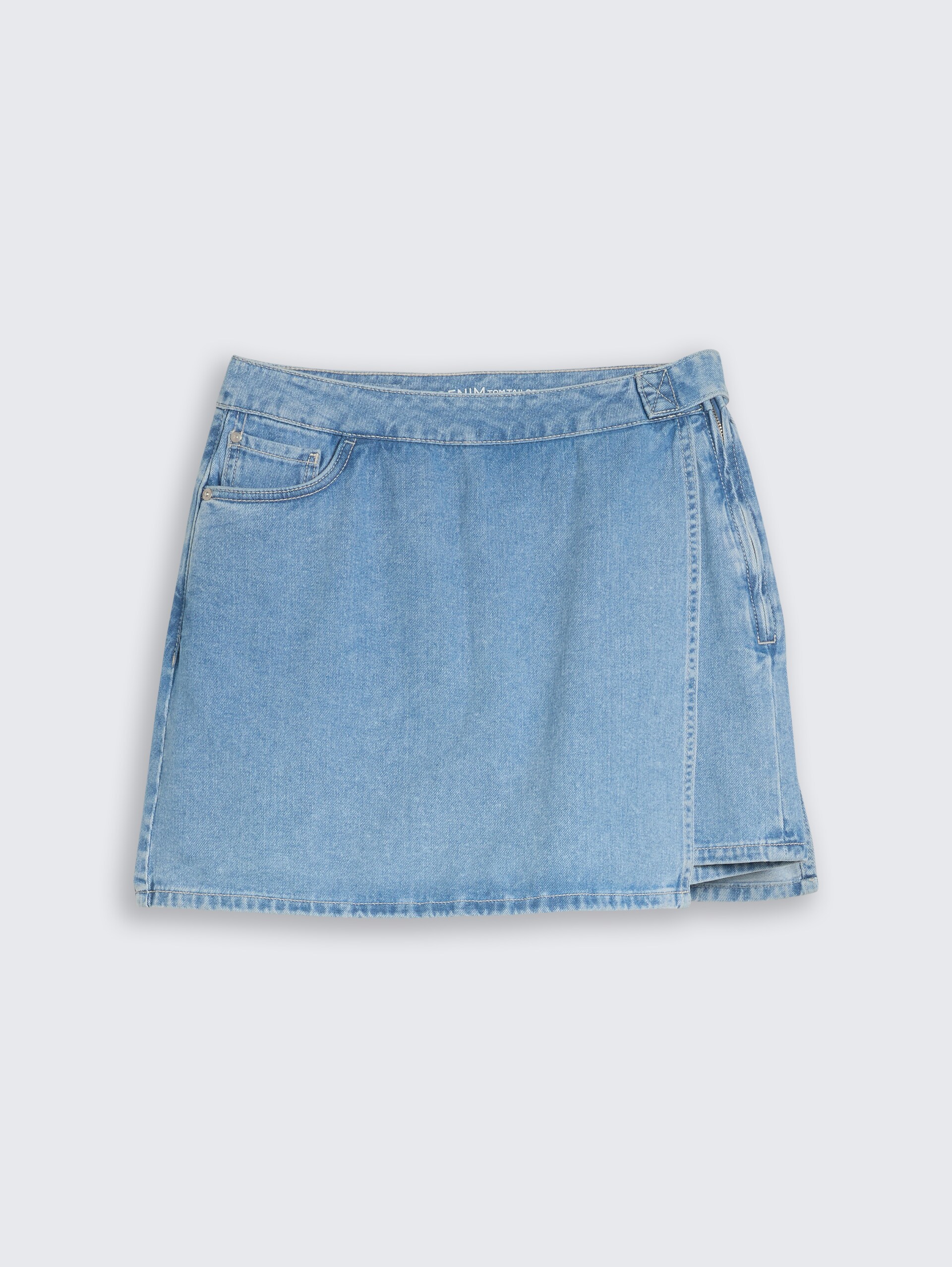 Jeansskort met wikkeloptiek - Clean Light Stone Blue Denim - Product vooraanzicht