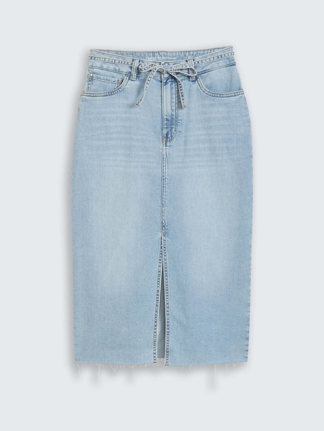 Midi-Jeansrock mit Schlitz - Used Light Stone Blue Denim - Vorder-Produkt-Ansicht