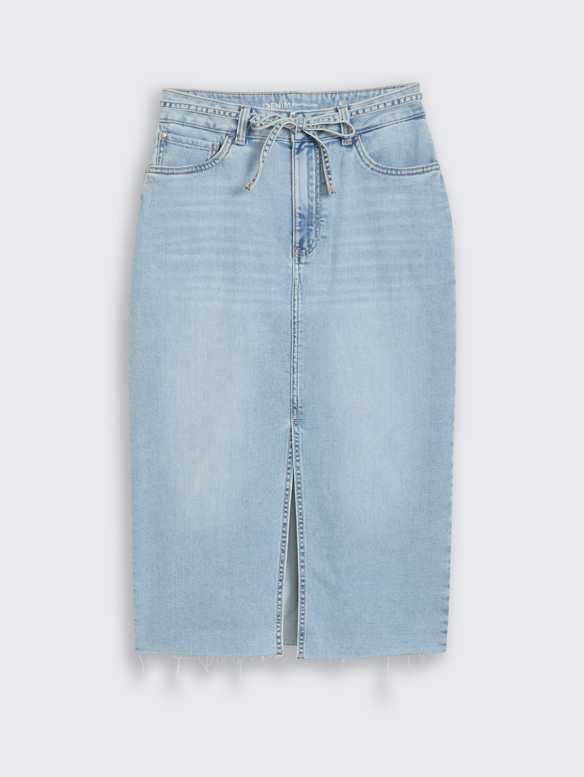 Midi-Jeansrock mit Schlitz - Used Light Stone Blue Denim - Vorder-Produkt-Ansicht