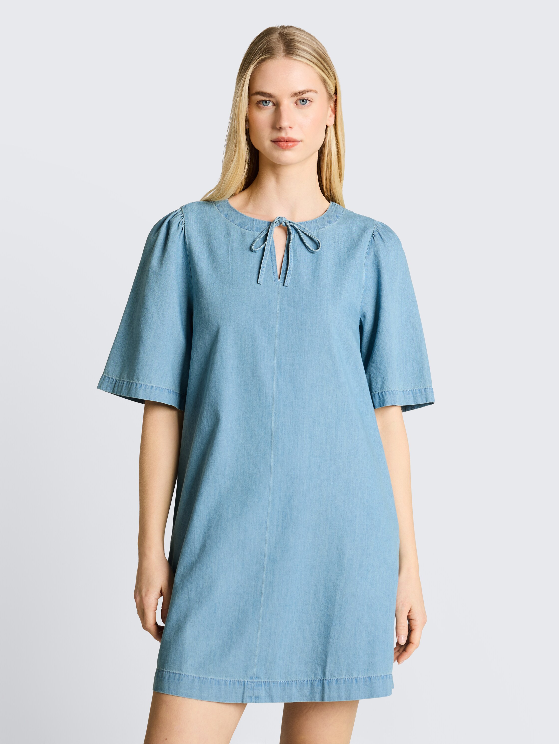 Mini denim dress with slit pockets - clean_light_stone_blue_denim - 