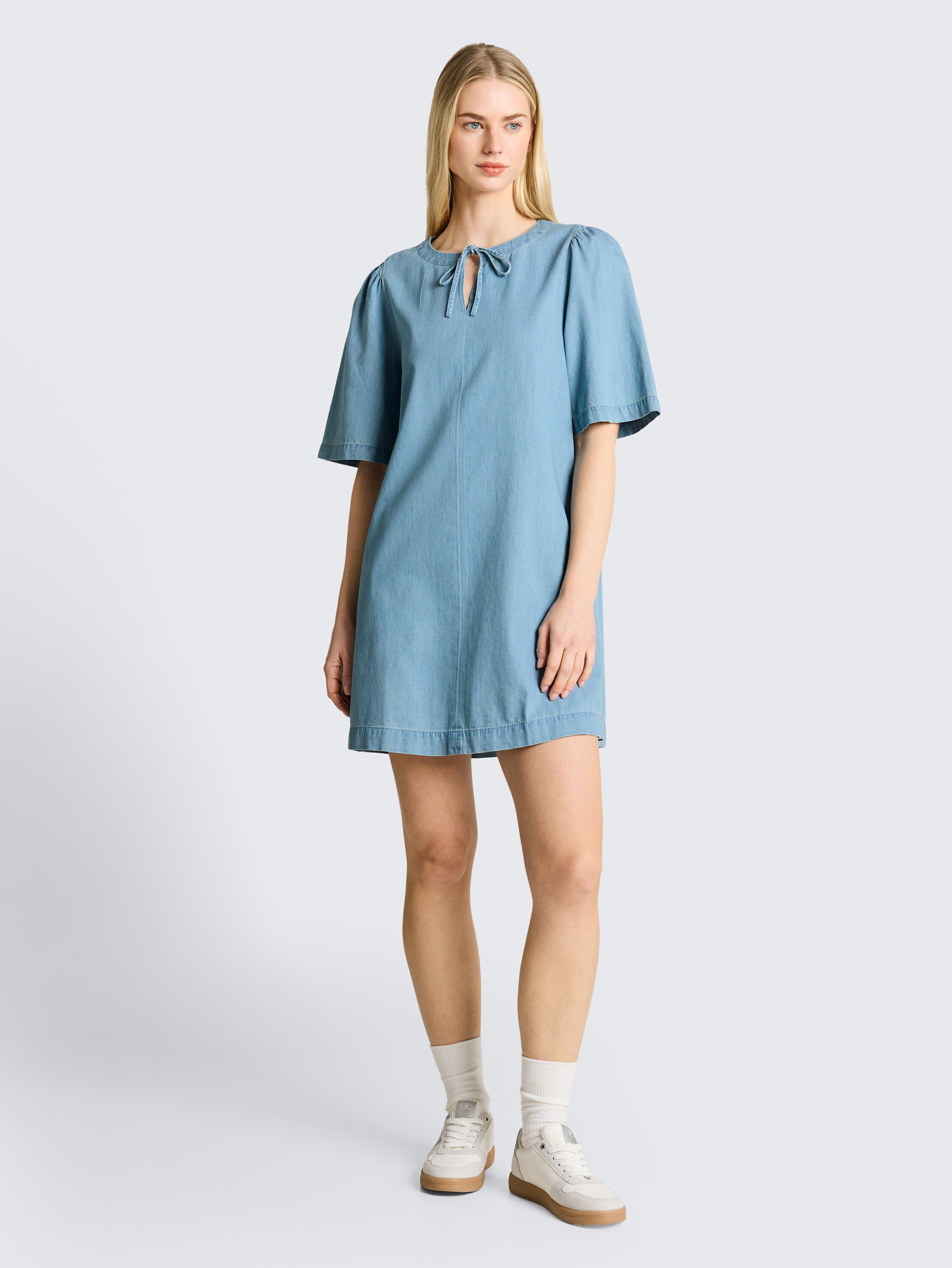 Mini denim dress with slit pockets - clean_light_stone_blue_denim - 