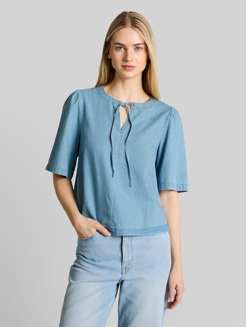 Jeansbluse mit Schleifen-Detail von Denim Female, Clean Light Stone Blue Denim