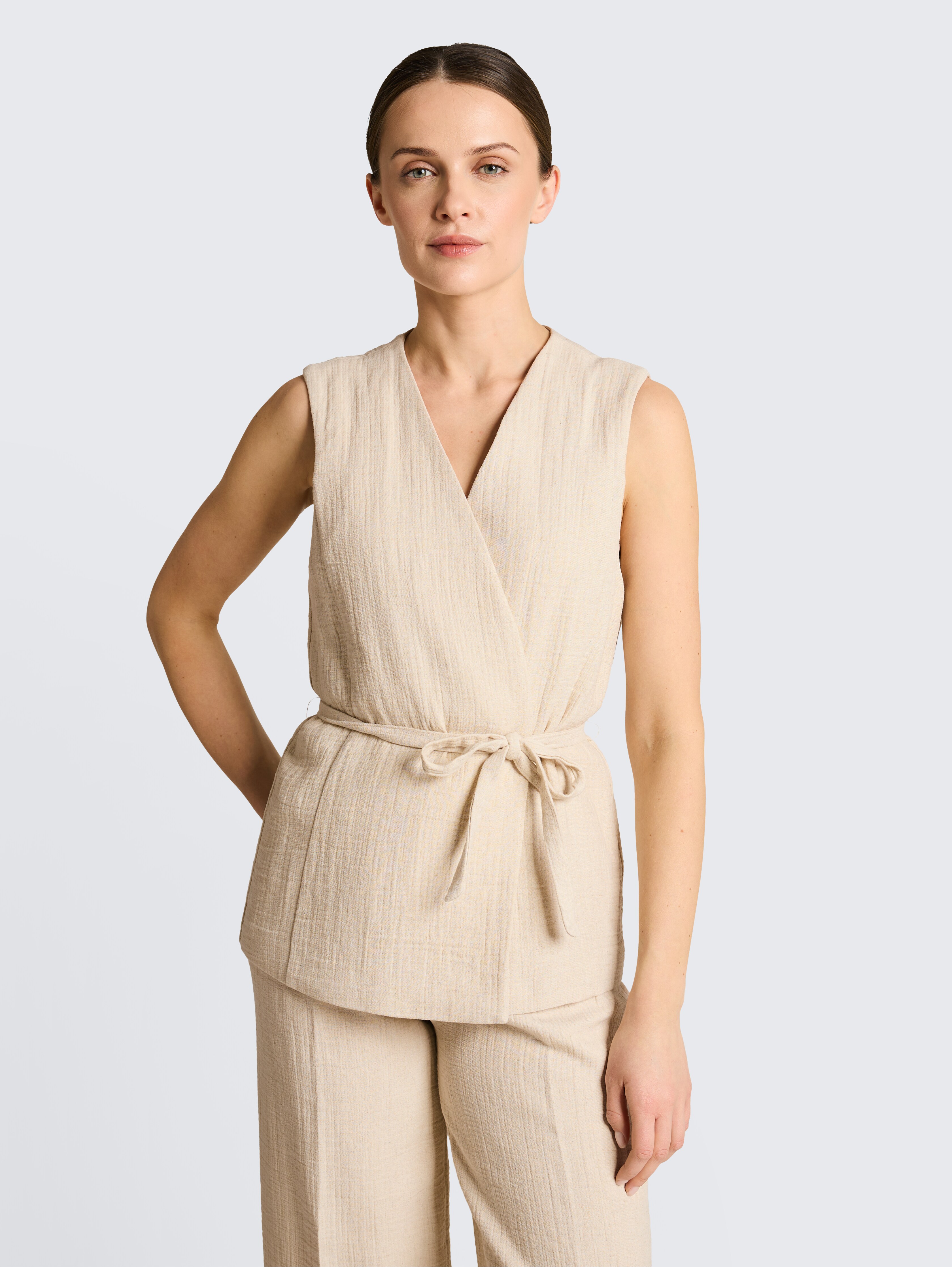 Crinkle Blazer-Weste mit Leinenanteil von Women, sand stone beige melange