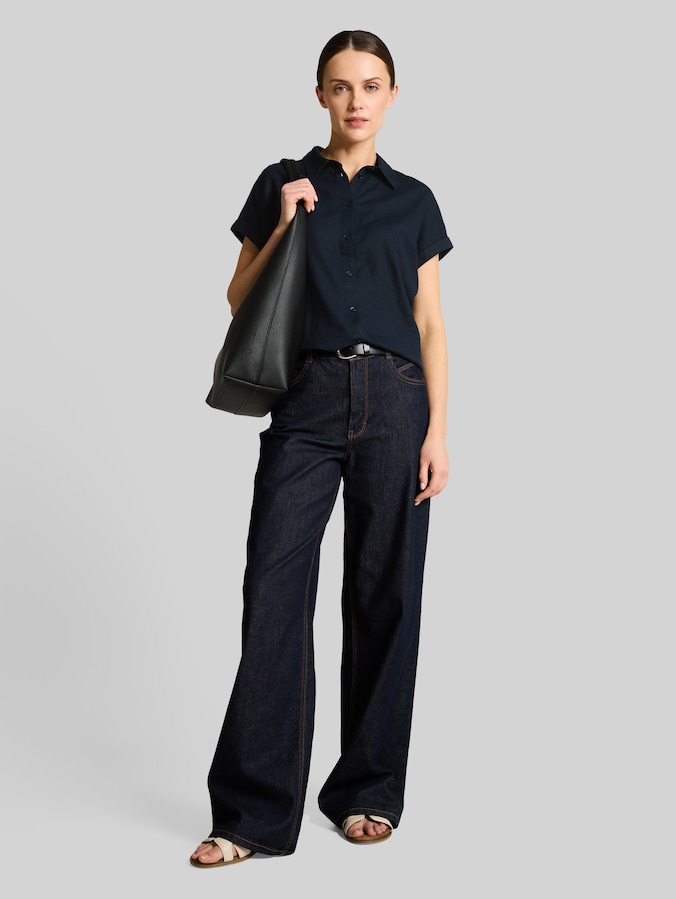 Losvallende blouse met linnen door Women, sky captain blue