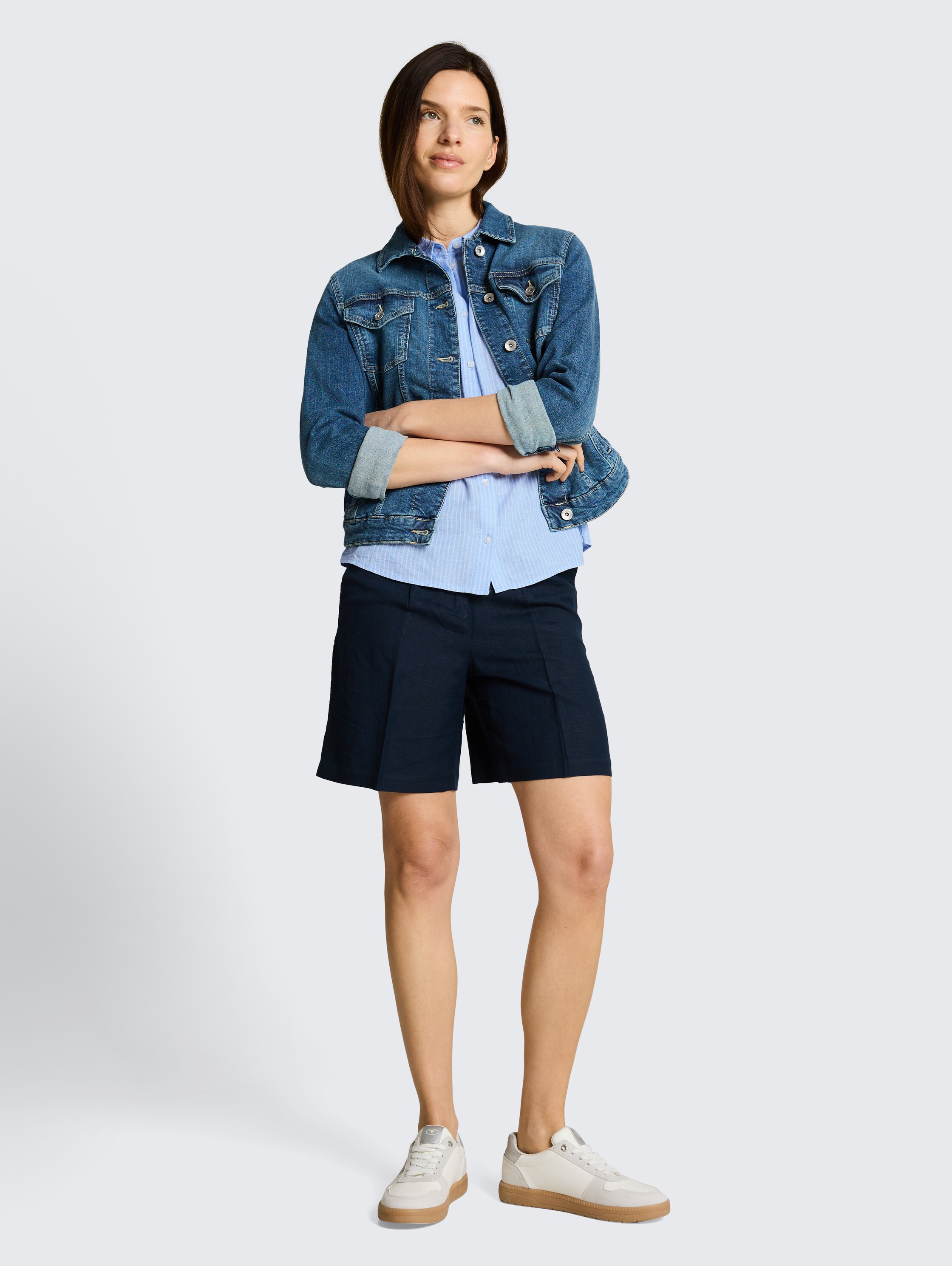 Losvallende blouse met linnen - fjord_blue_irregular_stripe - 