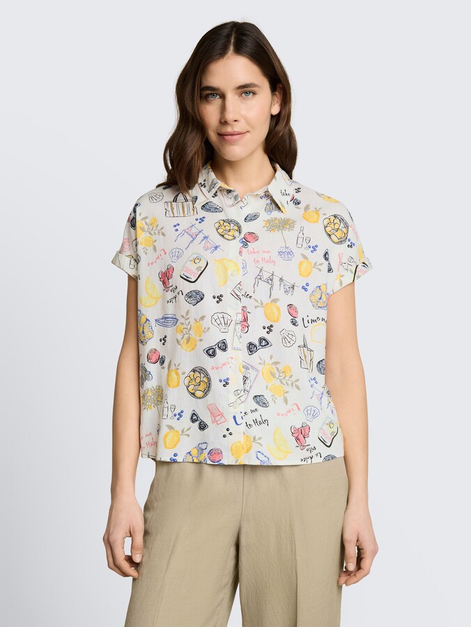 Losvallende blouse met linnen door Women, summerly lemon print