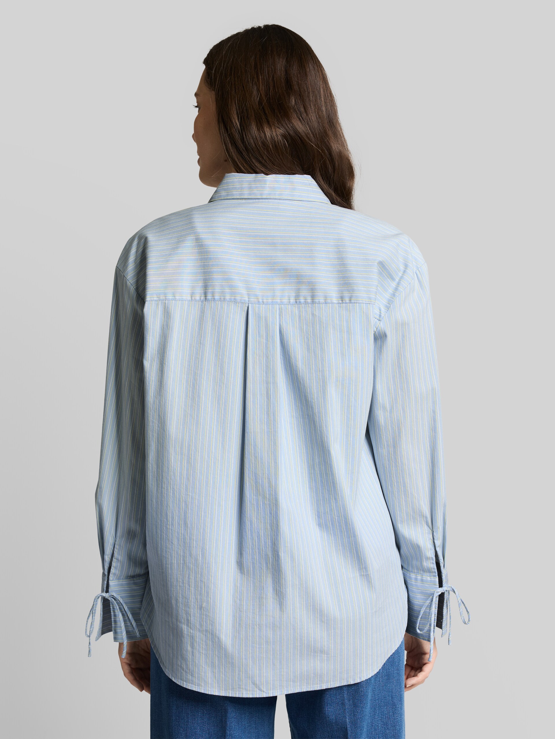 Oversized shirt blouse with heart embroidery - blue irregular stripe - Neckline model-back view