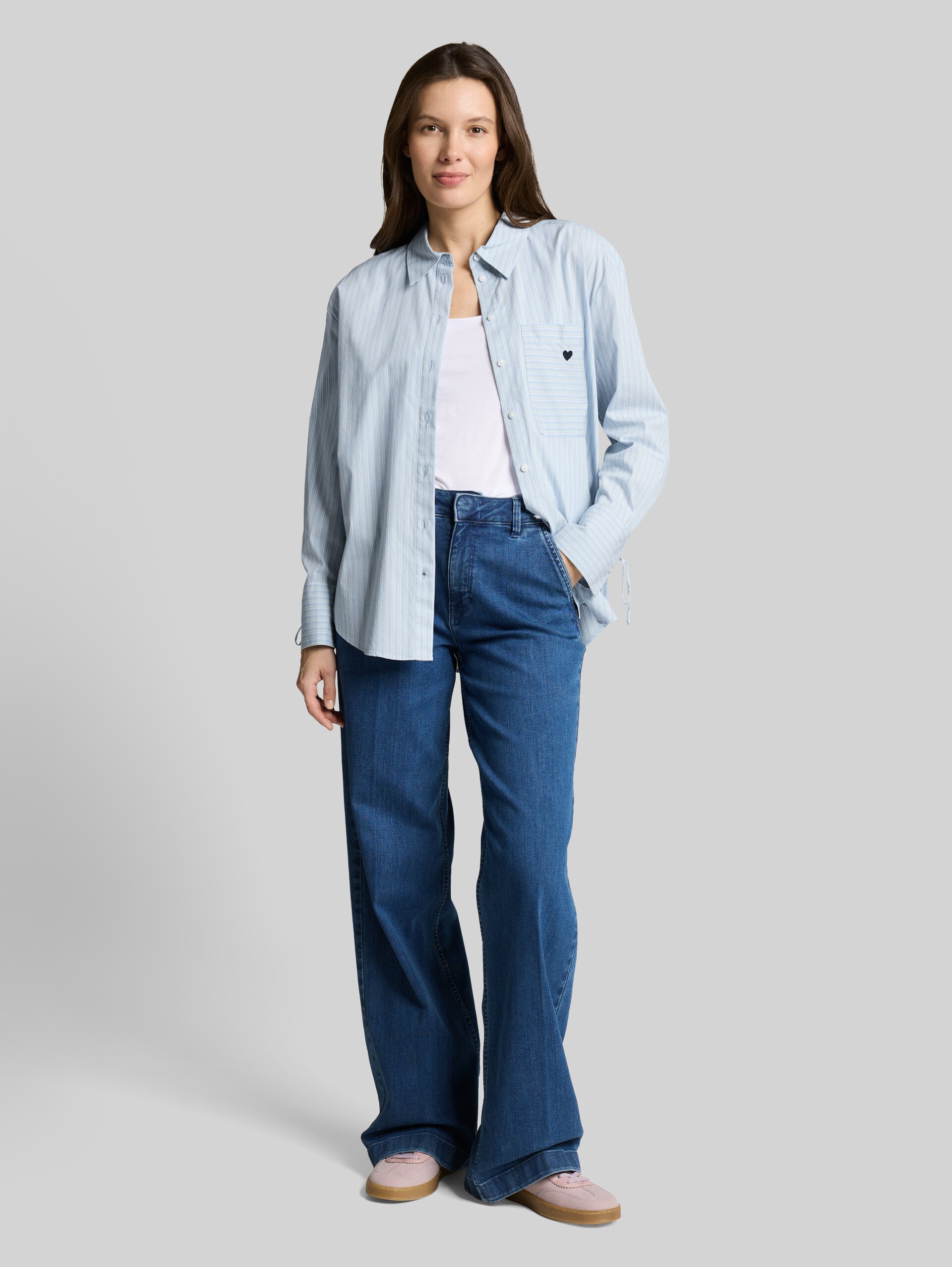 Oversized shirt blouse with heart embroidery - blue irregular stripe - Model front view
