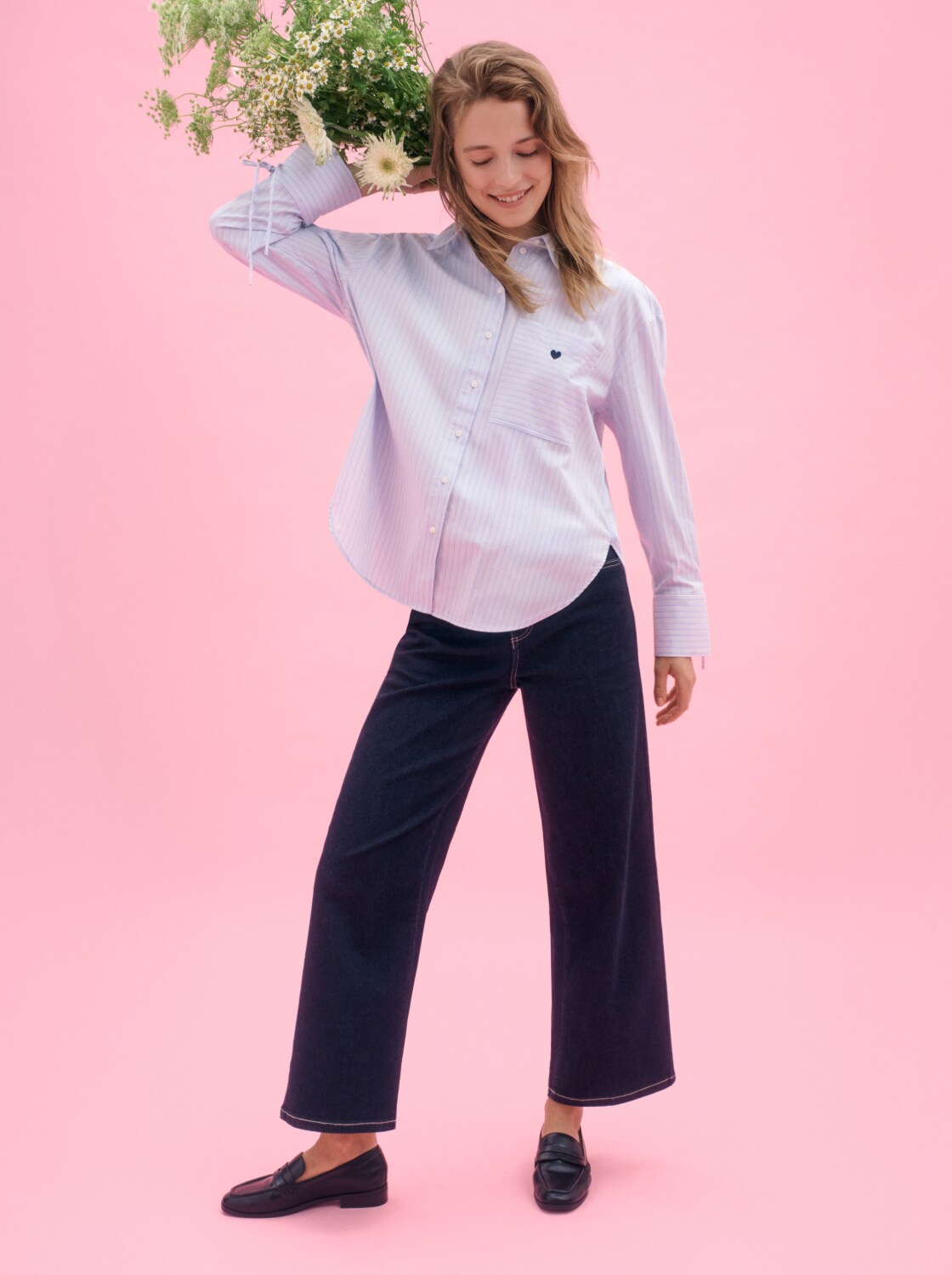 Oversized shirt blouse with heart embroidery - blue irregular stripe