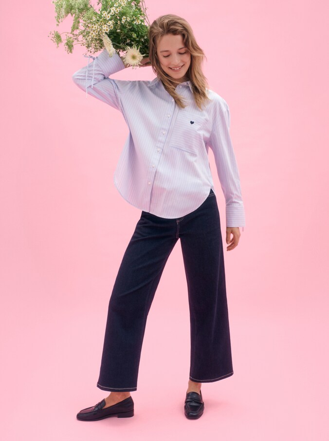 Oversize Hemdbluse mit Herz-Stickerei von Women, blue irregular stripe