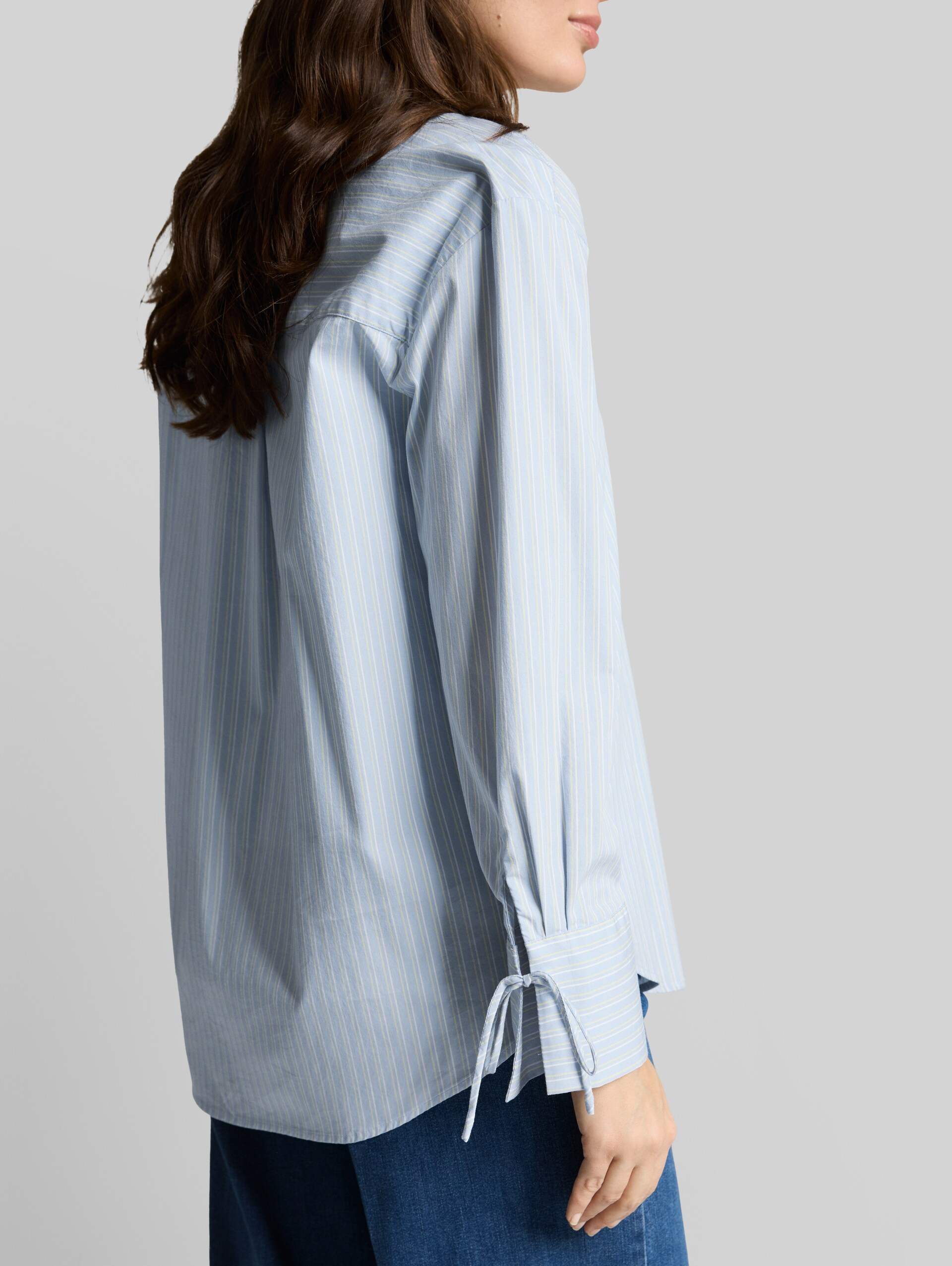 Oversized shirt blouse with heart embroidery - blue irregular stripe - Detail model view