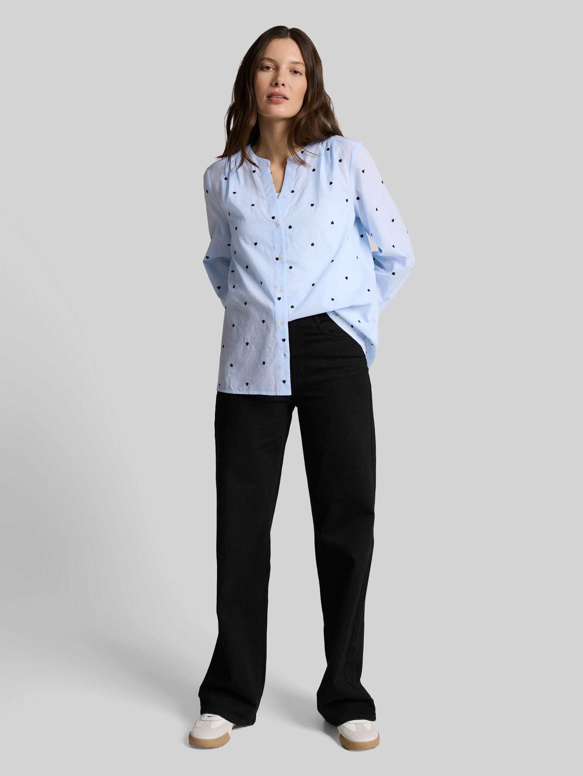 Blouse with heart embroidery - blue heart design - Model front view