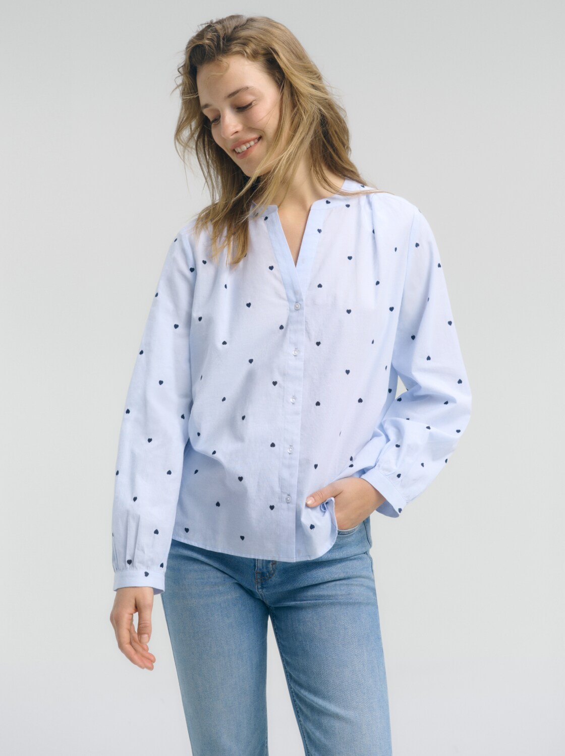 Blouse with heart embroidery - blue heart design