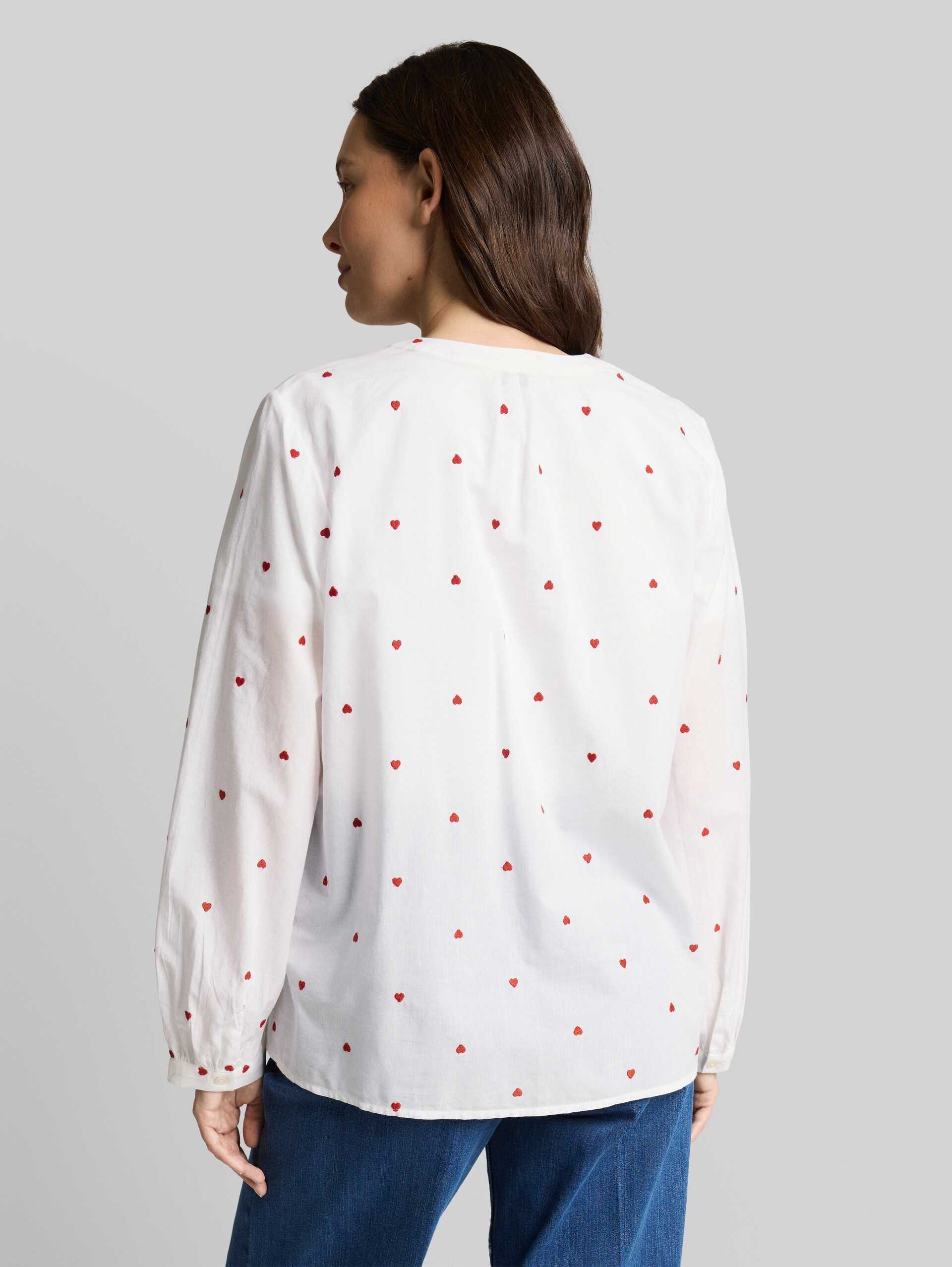 Blouse with heart embroidery - white red heart design - Neckline model-back view