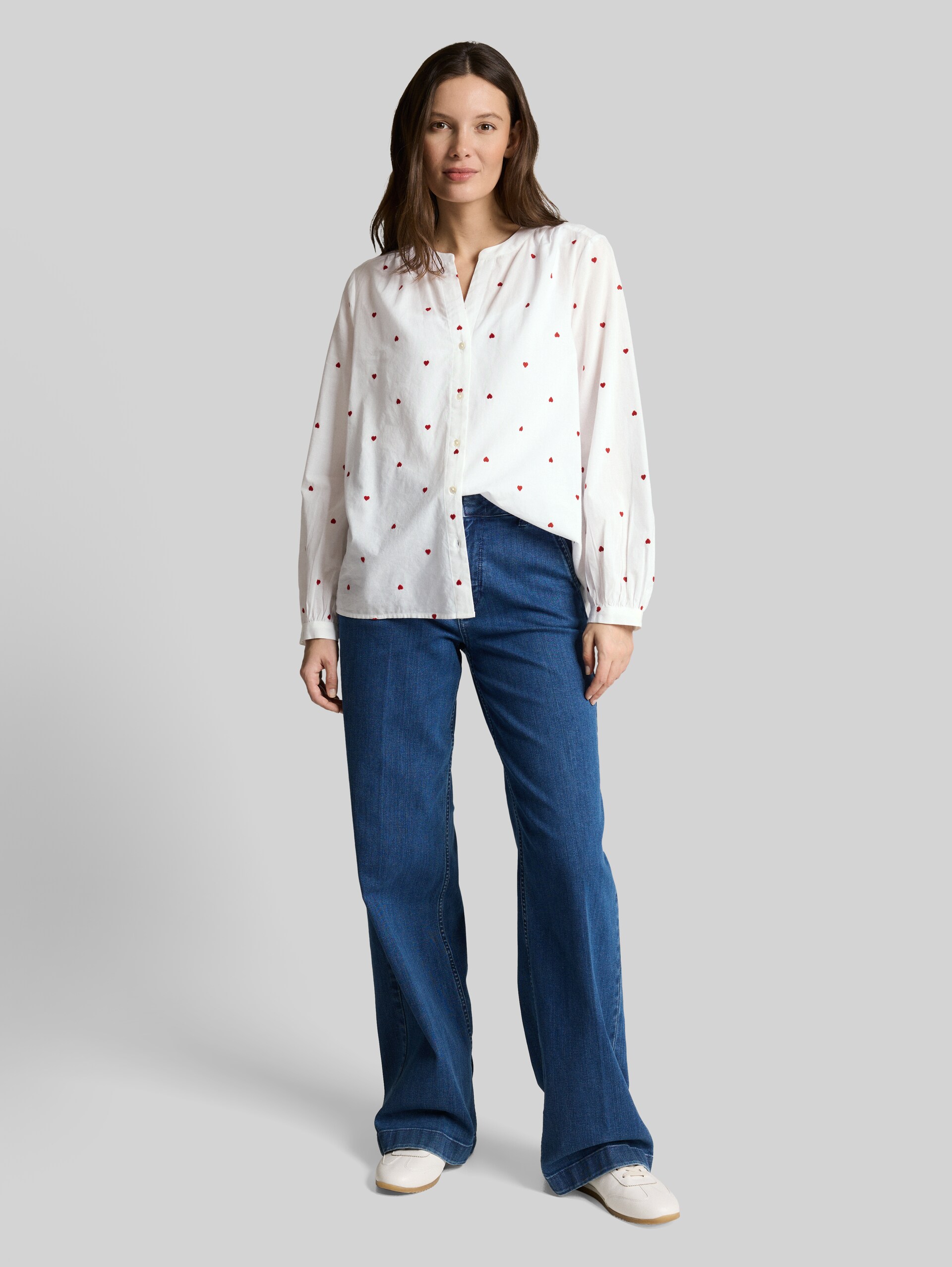 Blouse with heart embroidery - white red heart design - Model front view