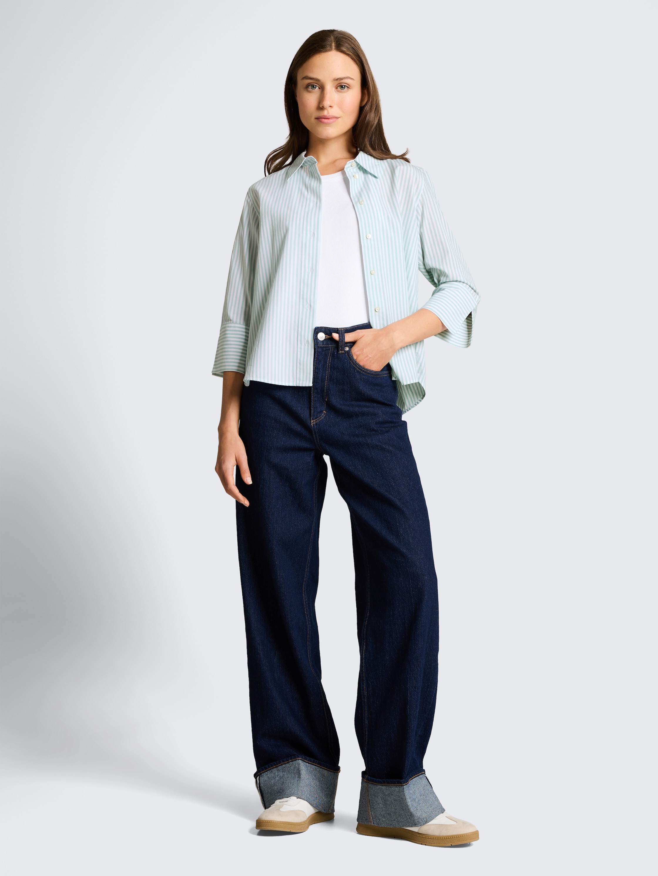 Popeline Hemdbluse mit 3/4-Arm - blue haze white thin stripe - Model-Vorderansicht