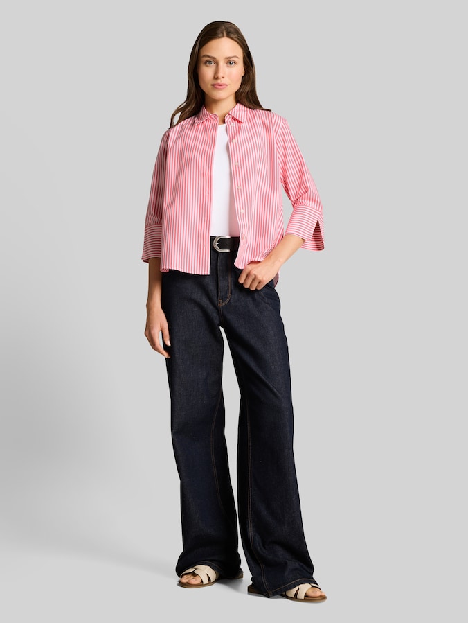 Popeline overhemdblouse met 3/4-mouwen door Women, soft coral white thin stripe