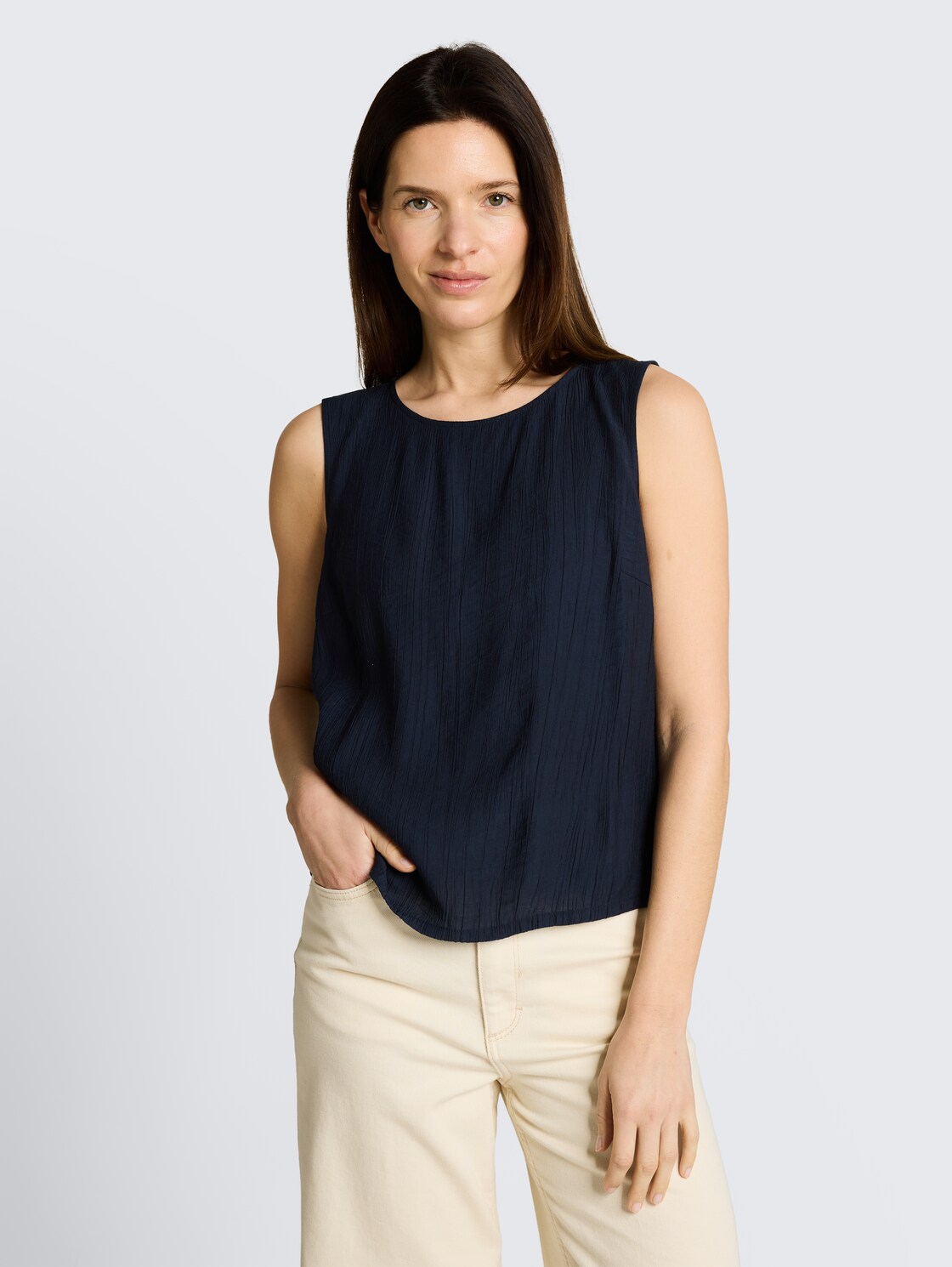 Crepe blouse top with round neckline - sky captain blue - Neckline model front view