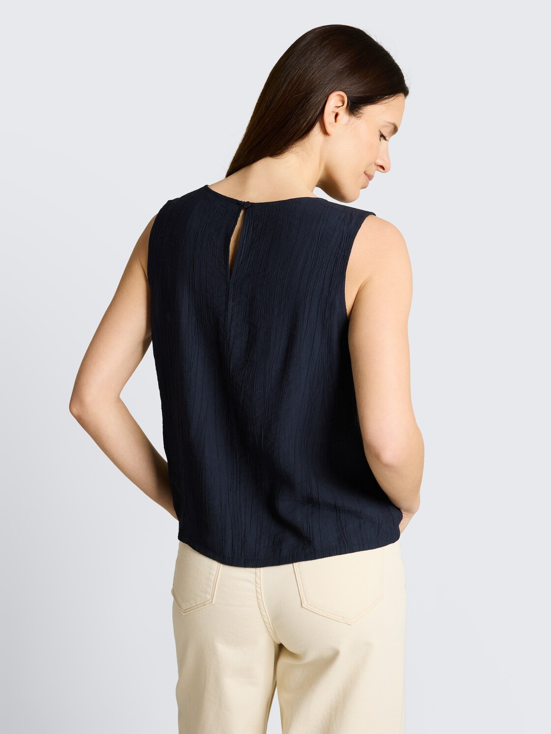 Crepe blouse top with round neckline - sky captain blue - Neckline model-back view