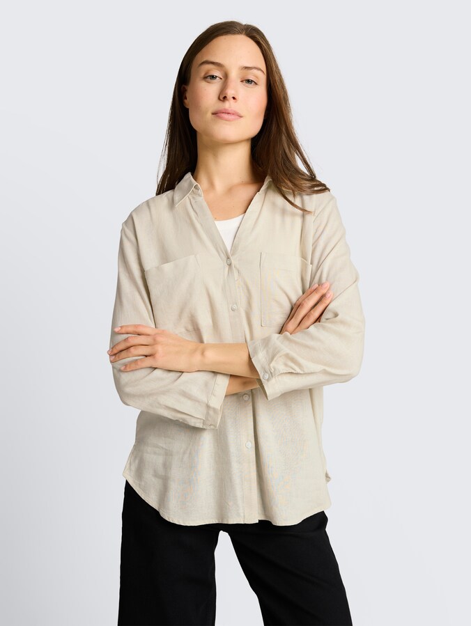 Overhemdblouse met linnen door Women, sand stone beige