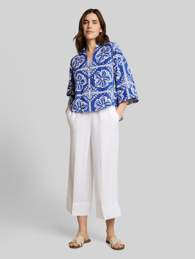 Oversize Bluse mit Leinenanteil von Women, blue flower tile design