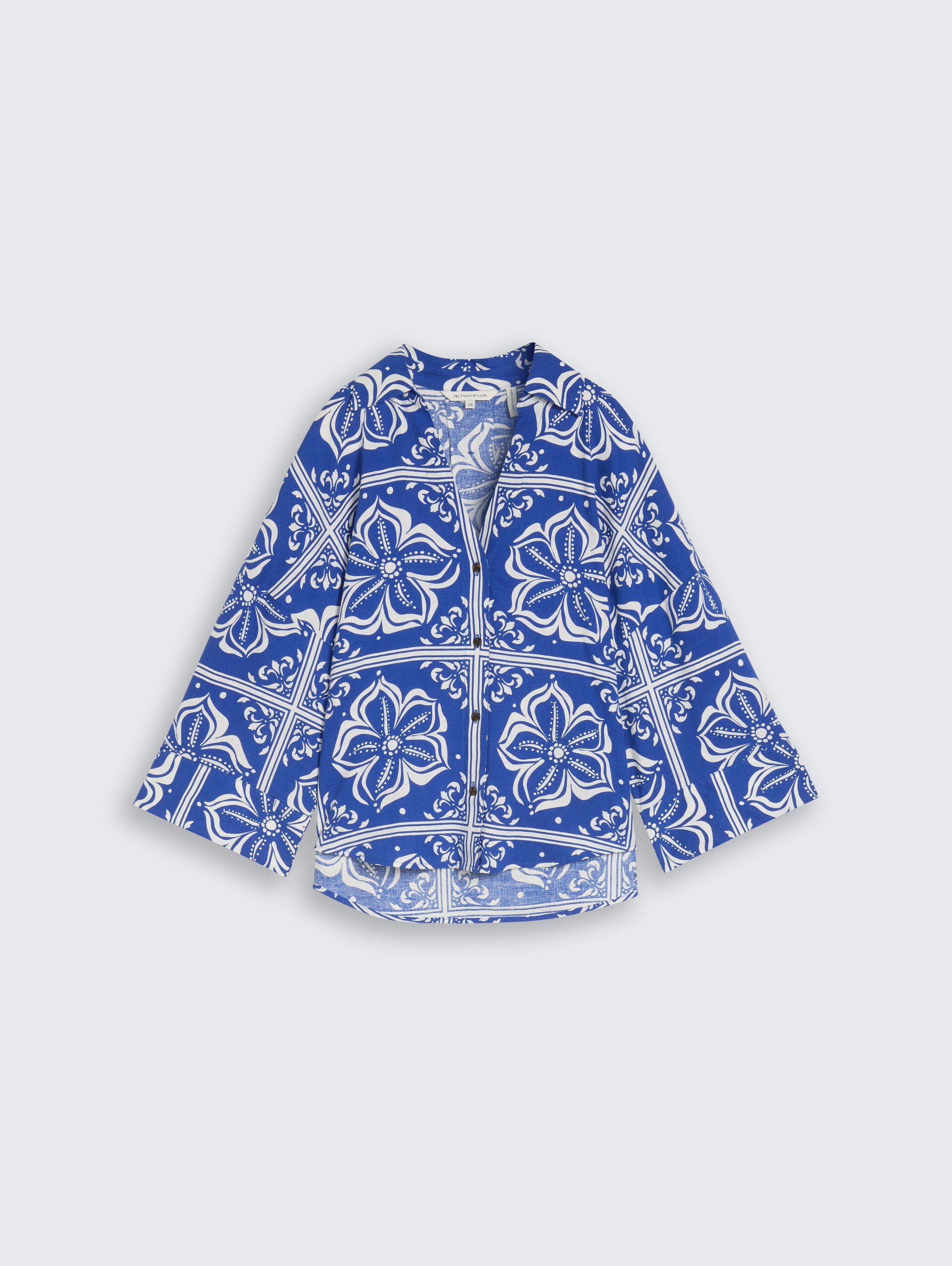 Oversized blouse met linnen - blue flower tile design - Product vooraanzicht