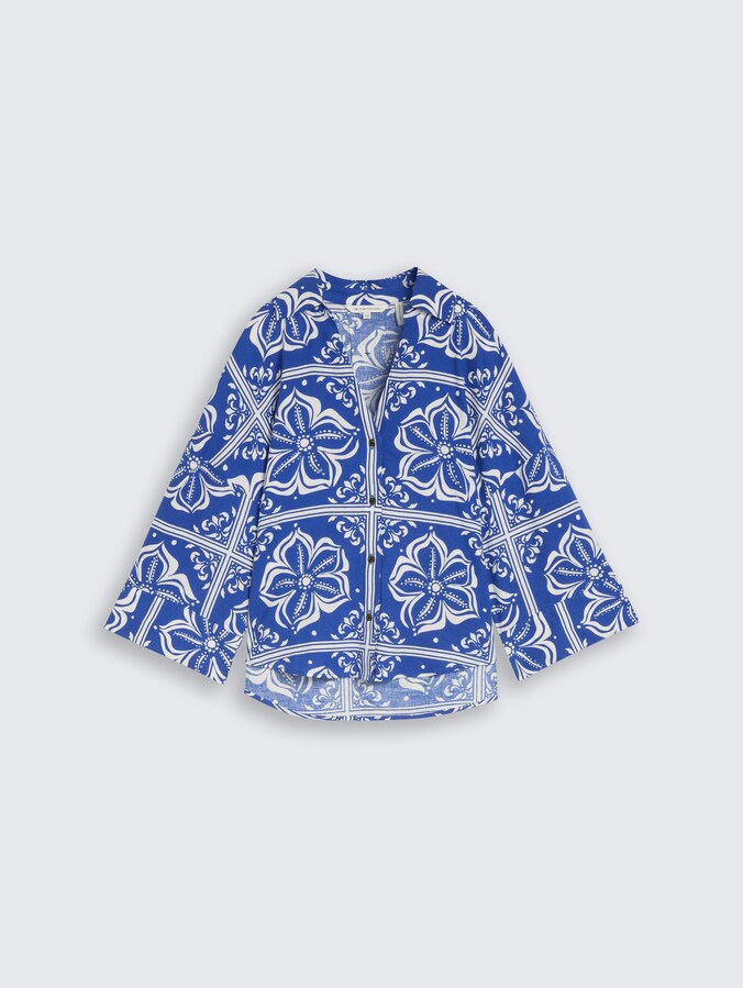 Oversize Bluse mit Leinenanteil von Women, blue flower tile design