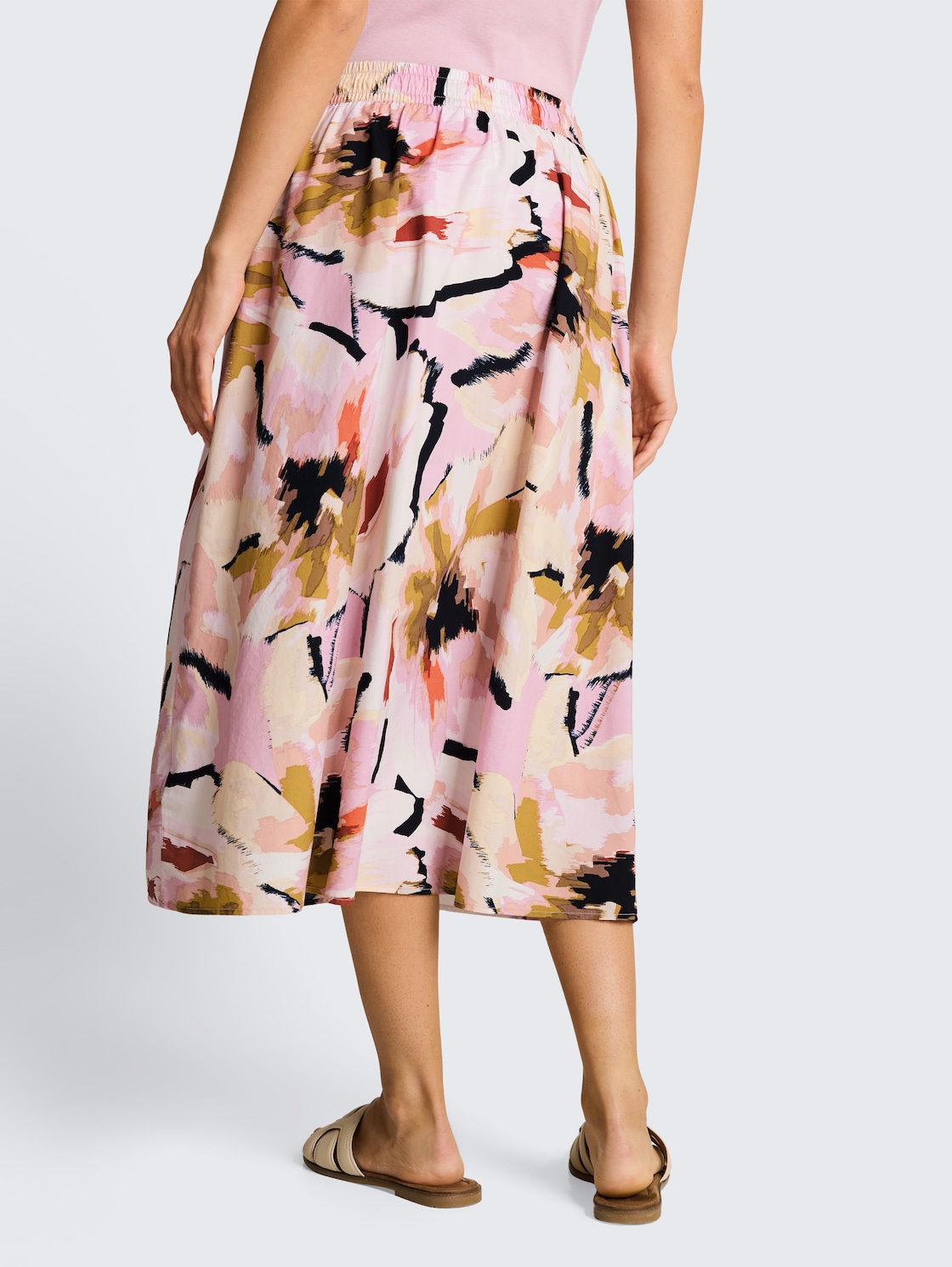 High Waist Midi-Rock mit Taschen - big abstract flower print - Auschnitt Model-Rückansicht