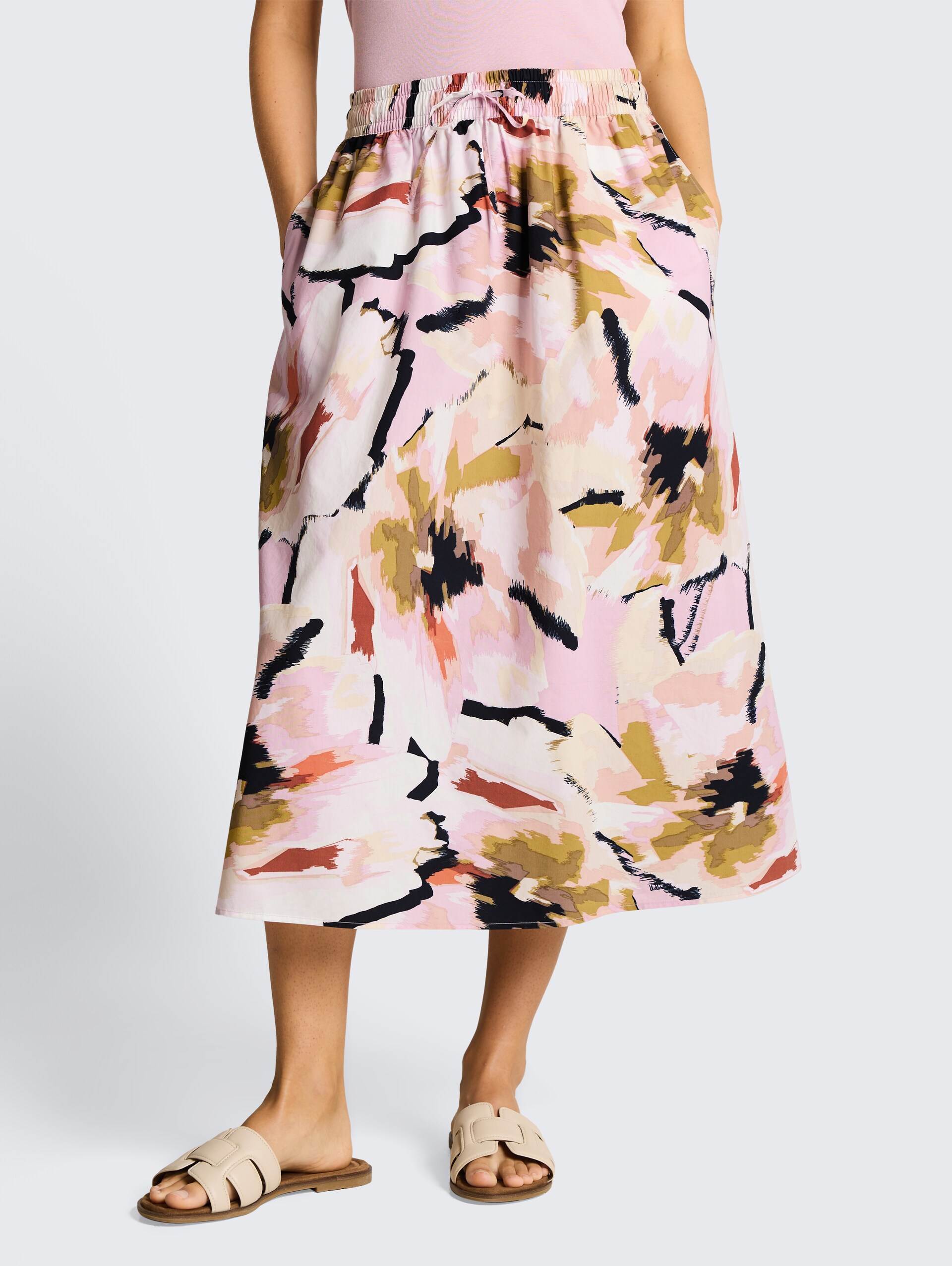 High Waist Midi-Rock mit Taschen - big abstract flower print - Ausschnitt Model-Vorderansicht