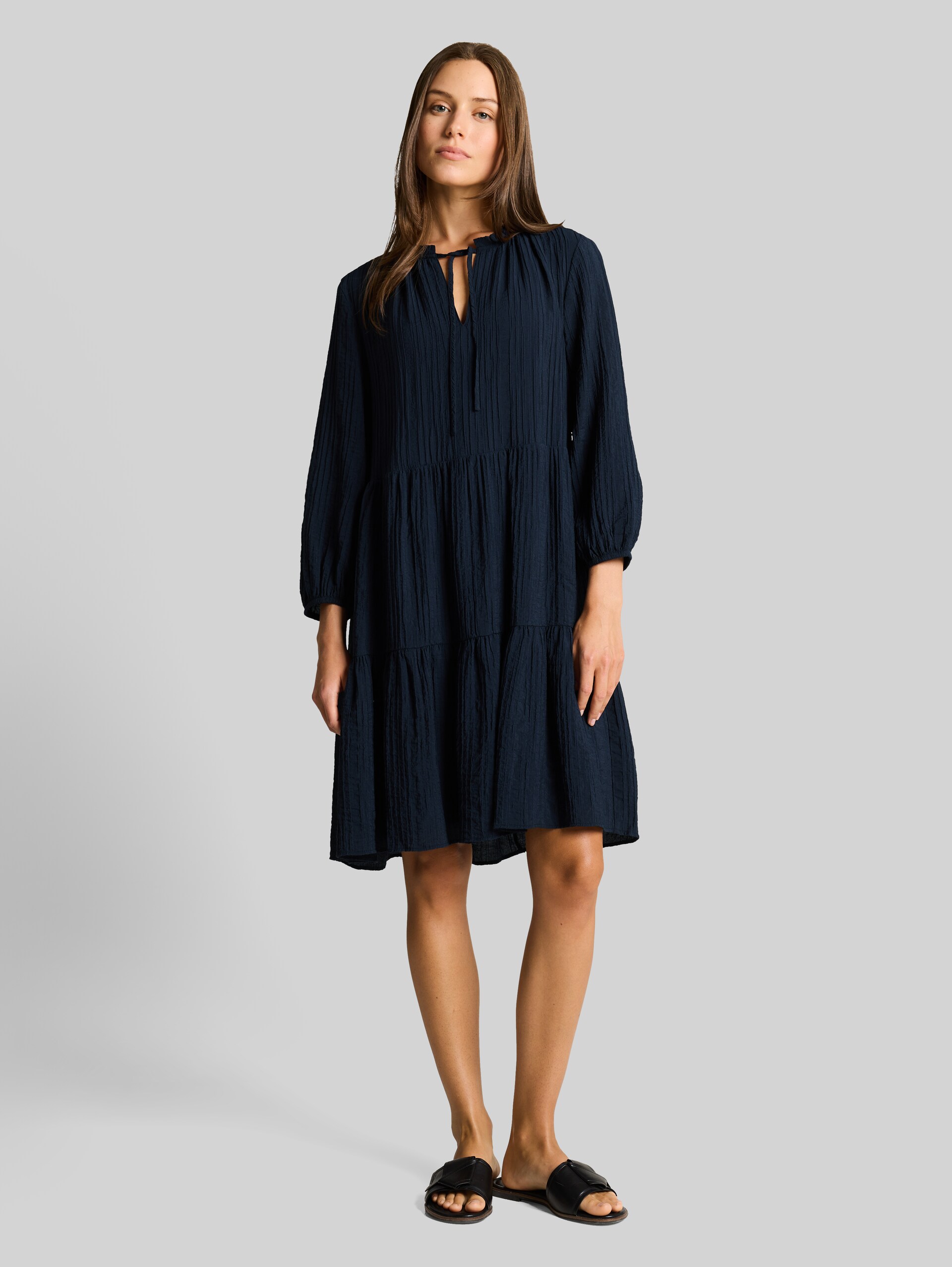 Crinkle dress with flounces - sky captain blue - Model front view