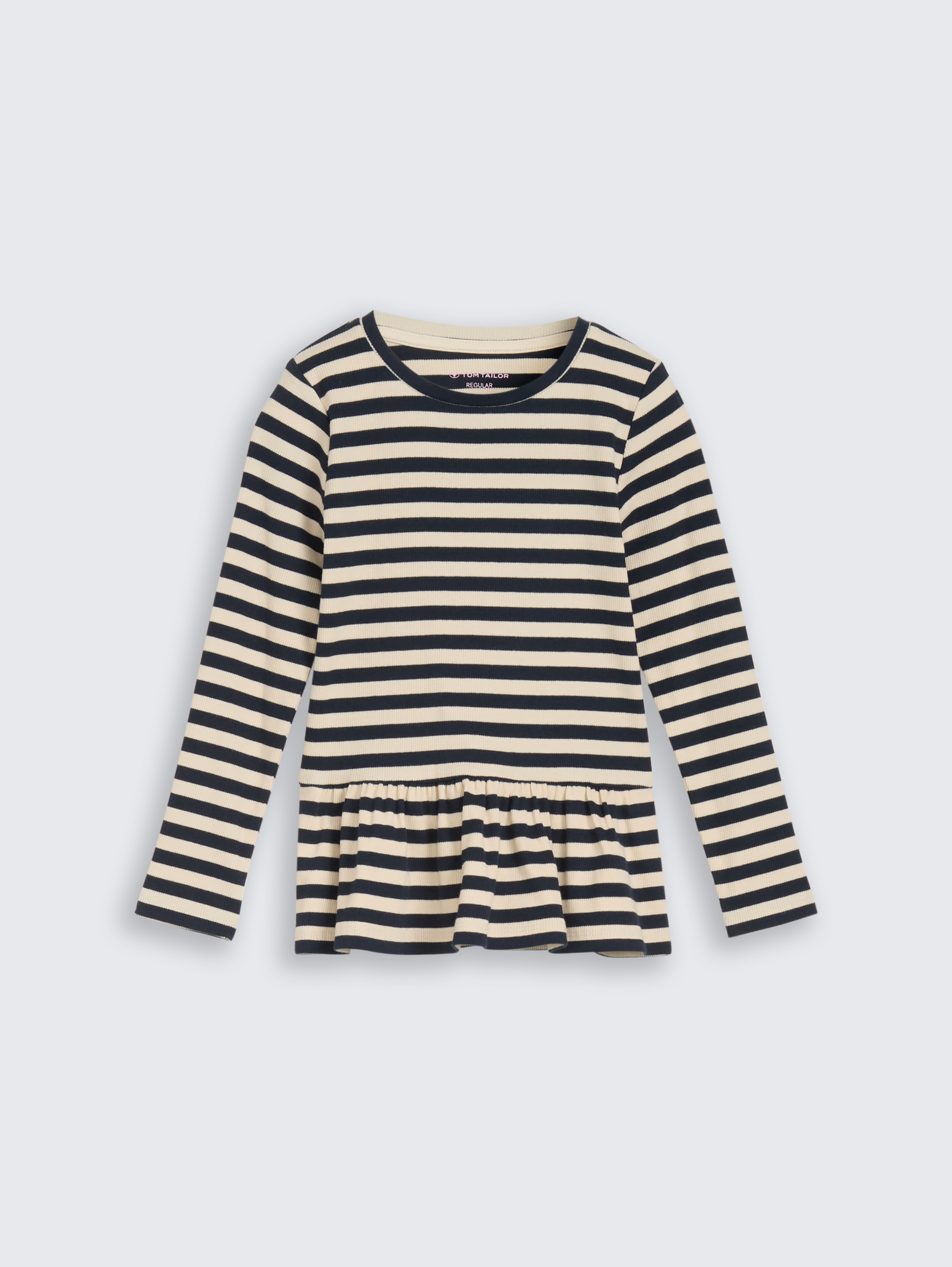 Langarmshirt mit Rippstruktur und Volant von Mini Girls, dark blue off white stripe